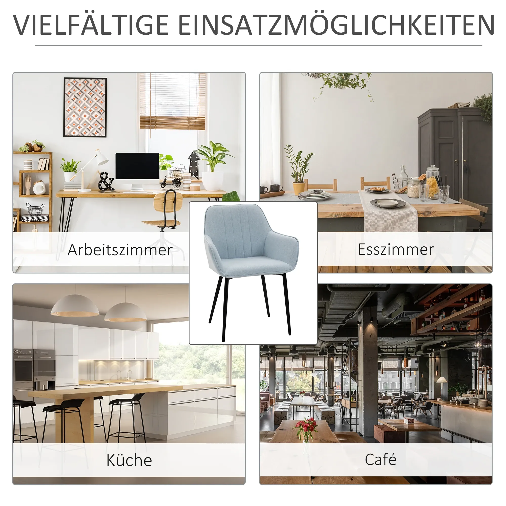 Das Bild zeigt einen Stuhl in verschiedenen Umgebungen: Büro, Esszimmer, Küche und Café, um seine Vielseitigkeit zu veranschaulichen.