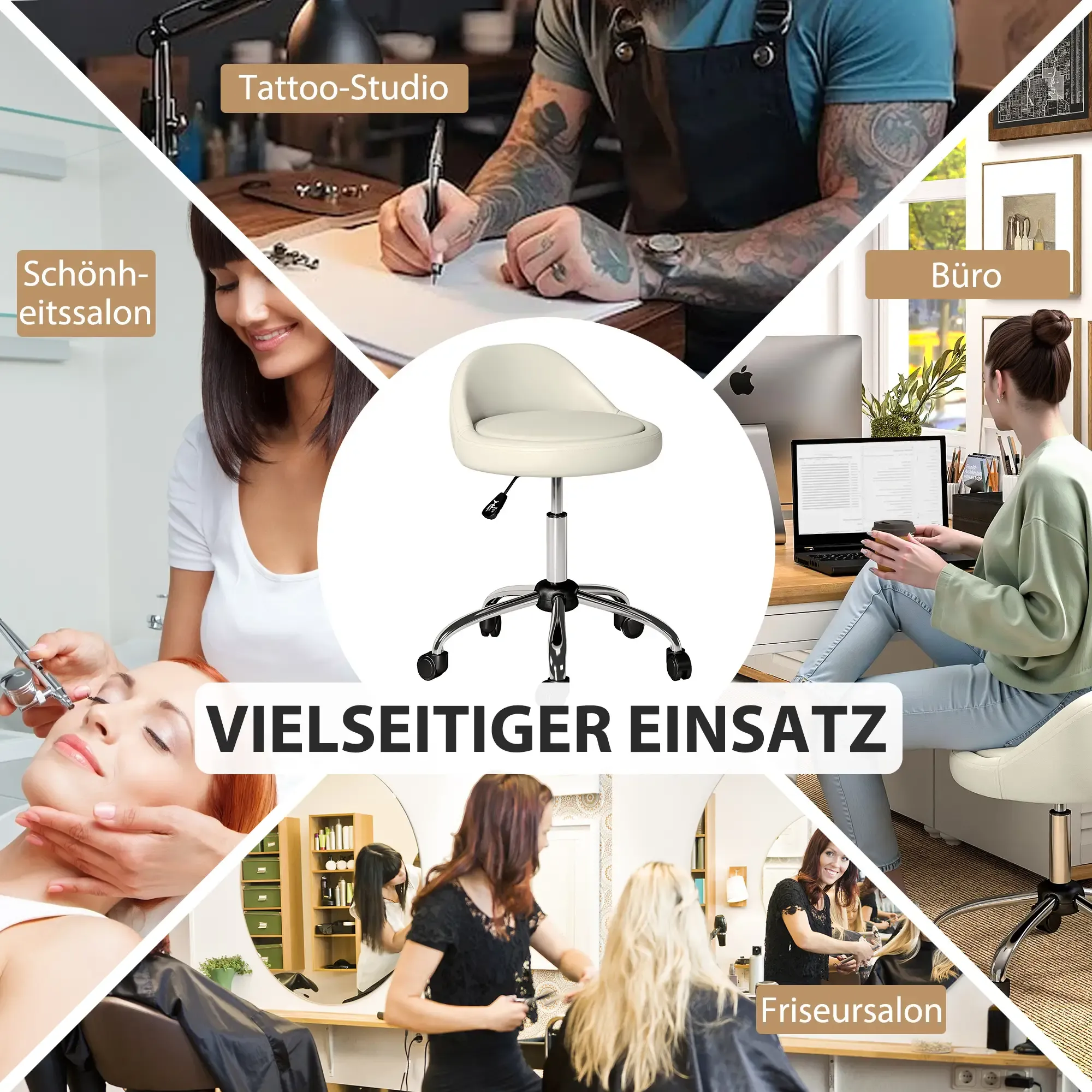 Ein Bild, das verschiedene Umgebungen zeigt: Tattoo-Studio, Schönheitssalon, Büro und Friseursalon, mit einem Stuhl in der Mitte.