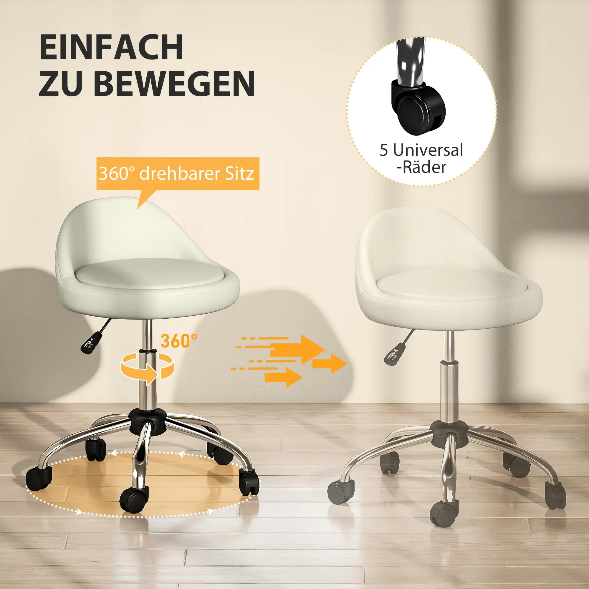 Zwei weiße Stühle mit schwarzen Rollen. Einer hat einen 360-Grad-Drehsitz. Text: Einfach zu bewegen.