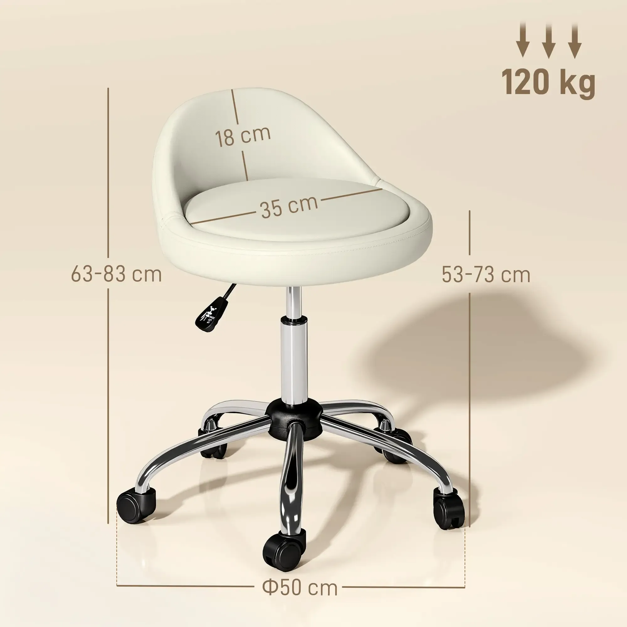Ein weißer, verstellbarer Drehstuhl mit Chromgestell. Abmessungen sind angegeben. Der Stuhl kann bis zu 120 kg tragen.