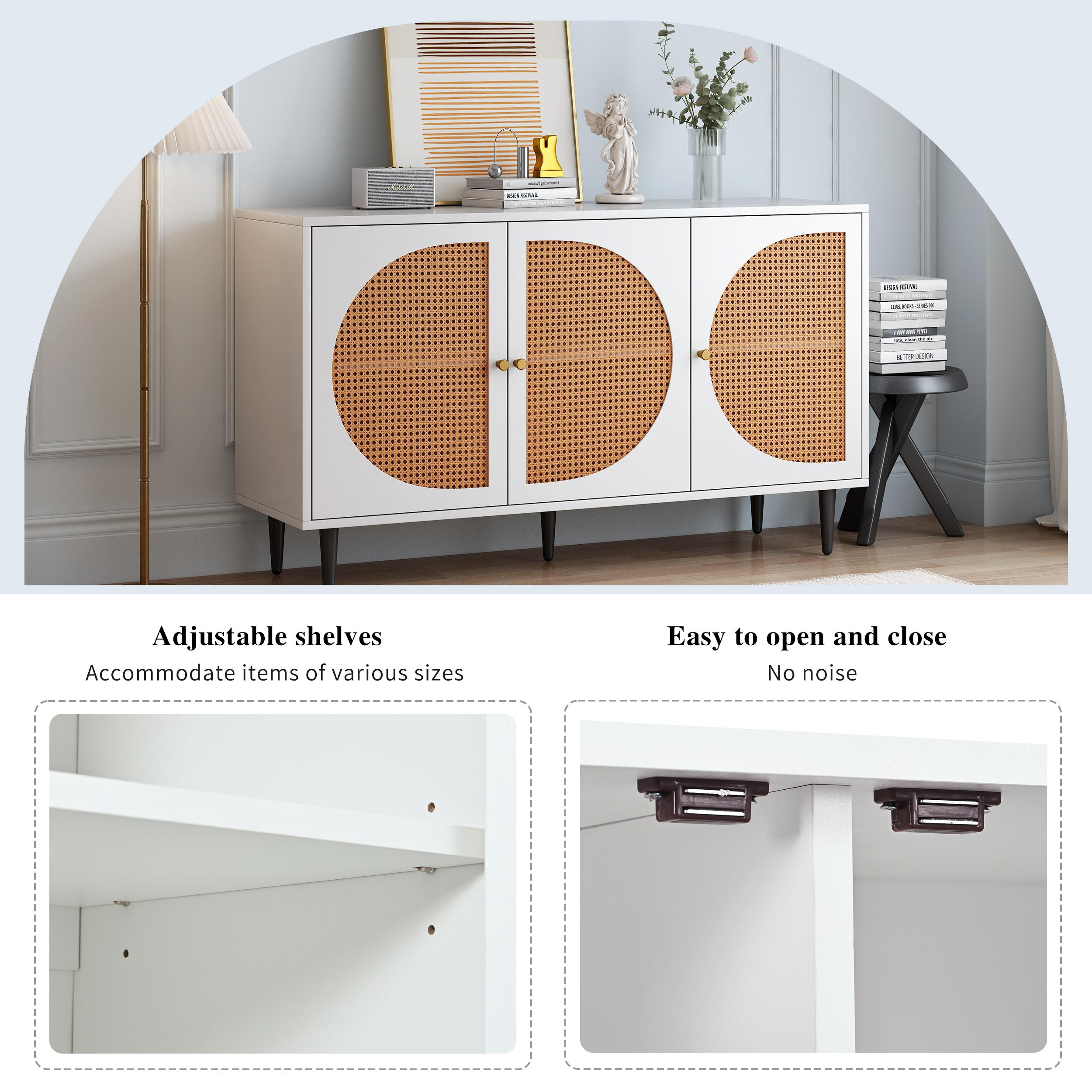 Ein weißer Schrank mit Rattantüren, einer Lampe und Deko oben. Details zeigen verstellbare Regale und einfaches Schließen.
