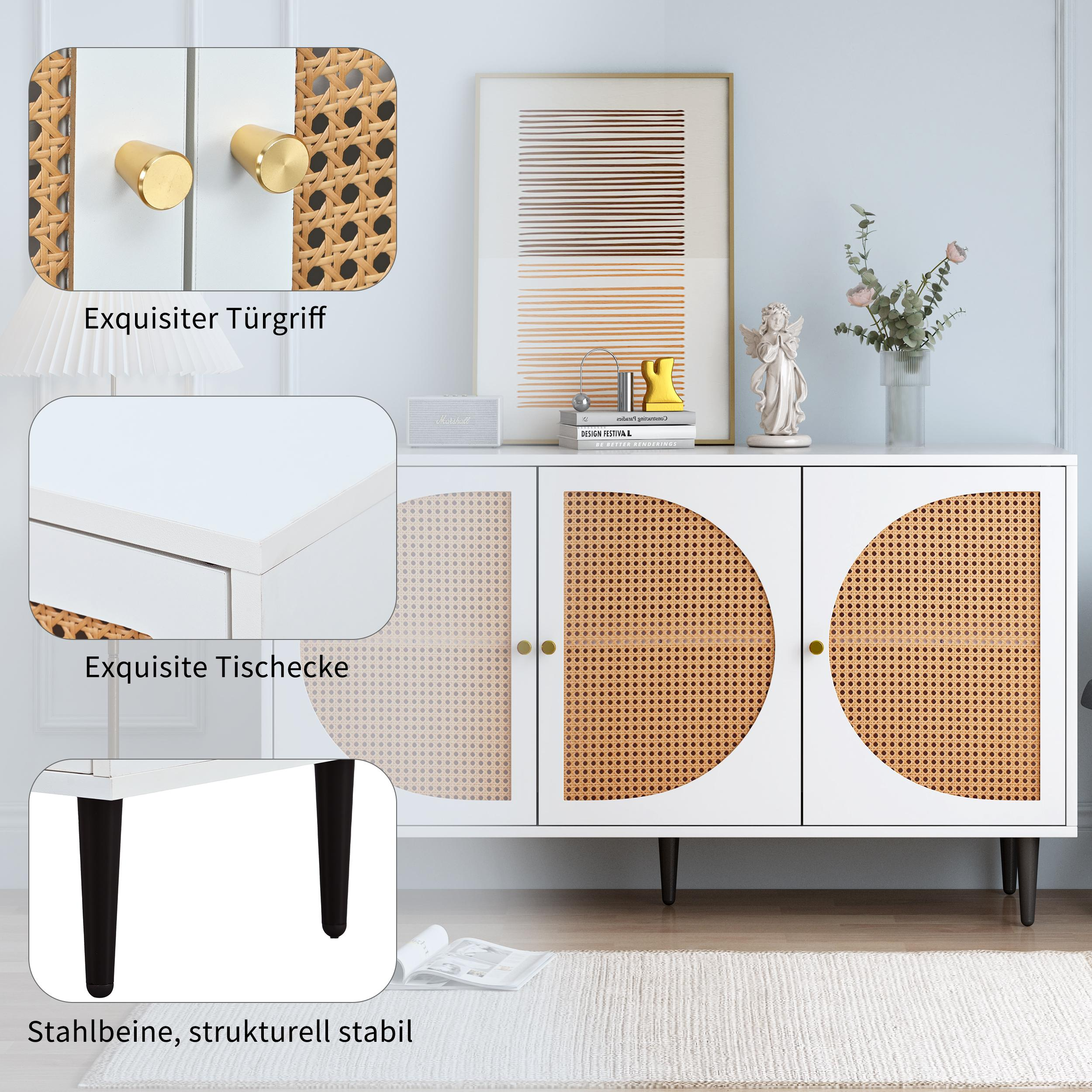 Ein weißer Schrank mit gewebten Türen, goldenen Griffen und schwarzen Beinen. Er ist mit Gegenständen und einem gerahmten Bild dekoriert.