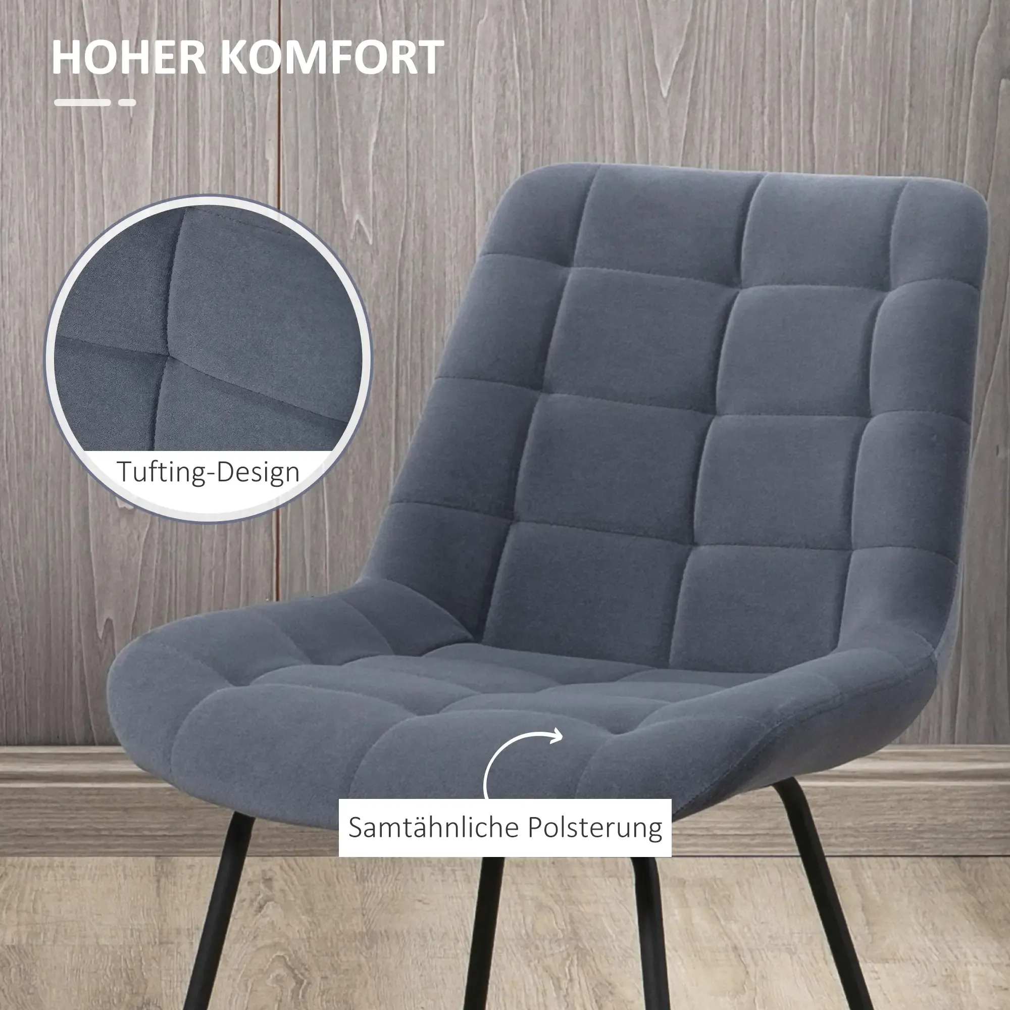 Ein grauer, getufteter Stuhl mit schwarzen Beinen. Der Hintergrund besteht aus Holzbrettern. Text lautet 'Hoher Komfort' und 'Samtähnliche Polsterung'.