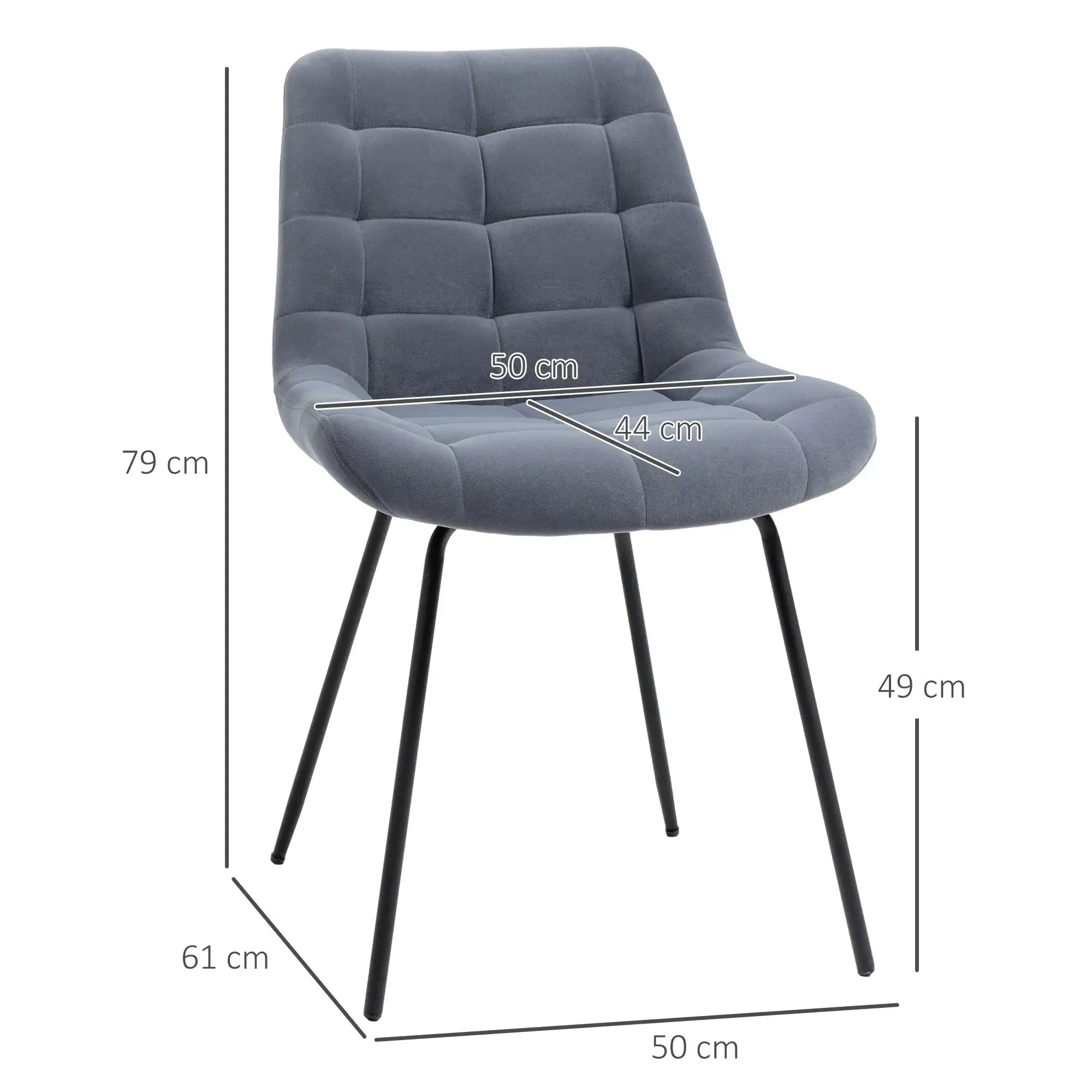 Ein grauer, getufteter Stuhl mit schwarzen Beinen wird gezeigt. Abmessungen sind angegeben: 79 cm hoch, 50 cm breit, 44 cm Sitztiefe, 61 cm tief und 49 cm Beinhöhe.