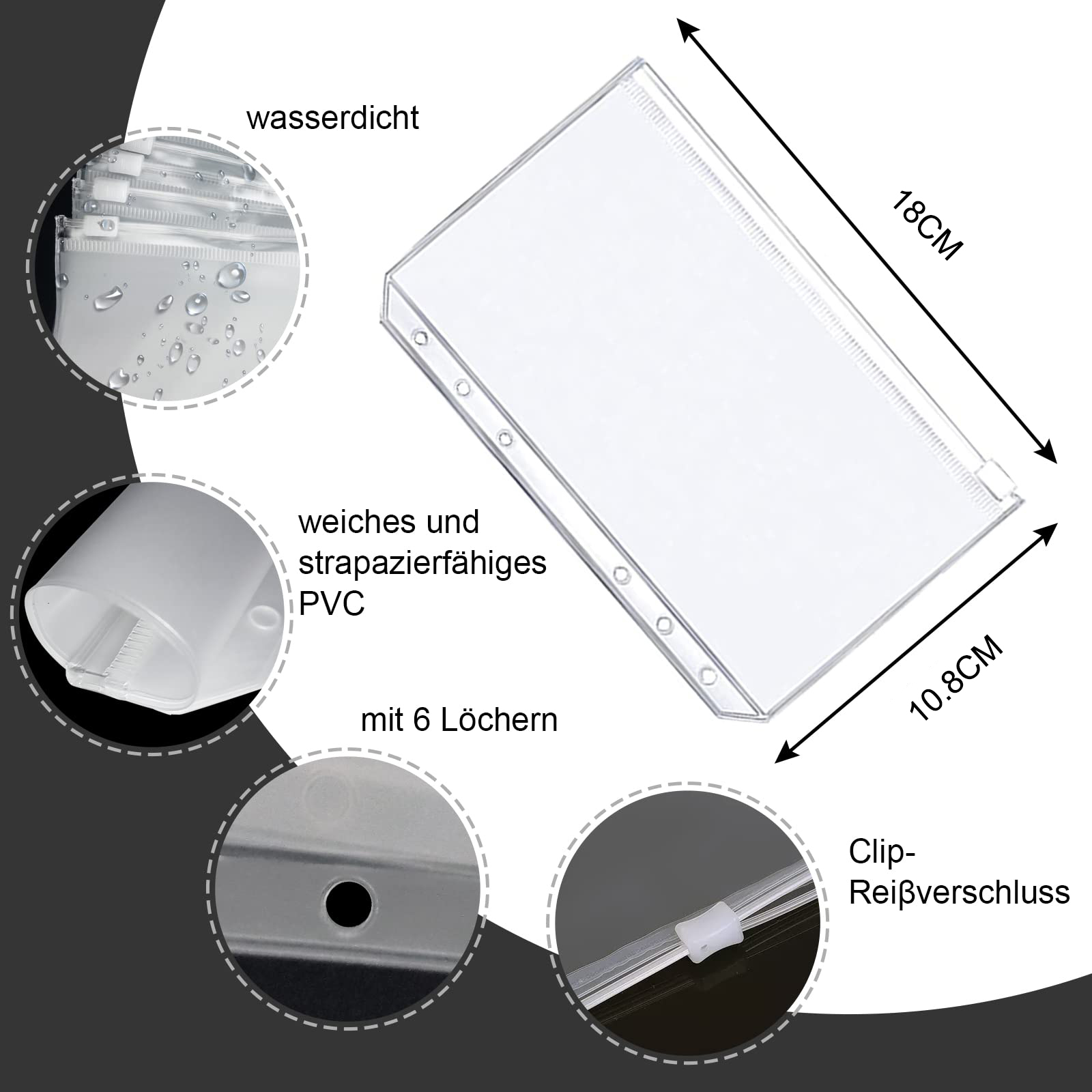 Transparente Kunststofftasche mit Reißverschluss und Abmessungen. Merkmale sind wasserdichtes, strapazierfähiges PVC und sechs Löcher.