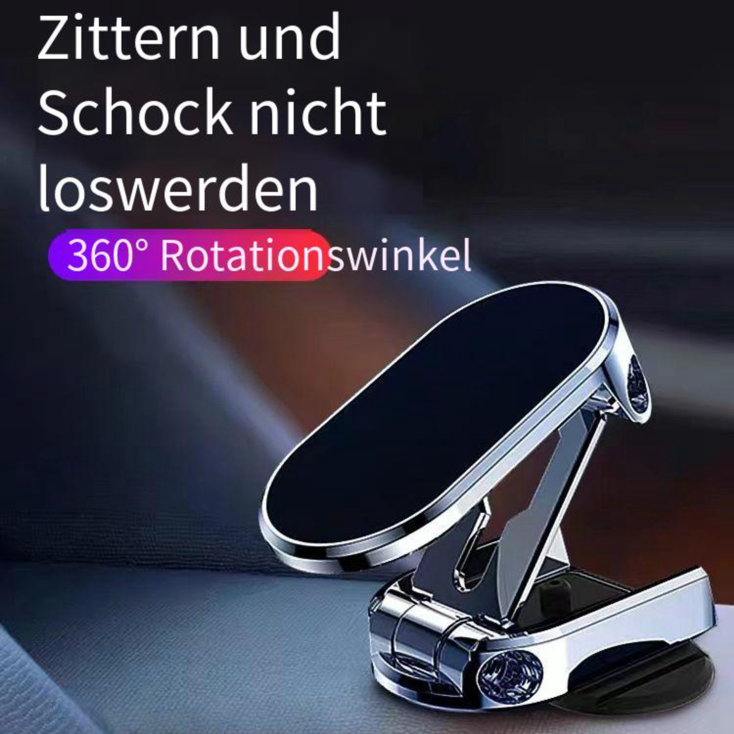 Ein silberner und schwarzer Telefonhalter mit dem Text "Zittern und Schock nicht loswerden" und "360° Rotationswinkel".