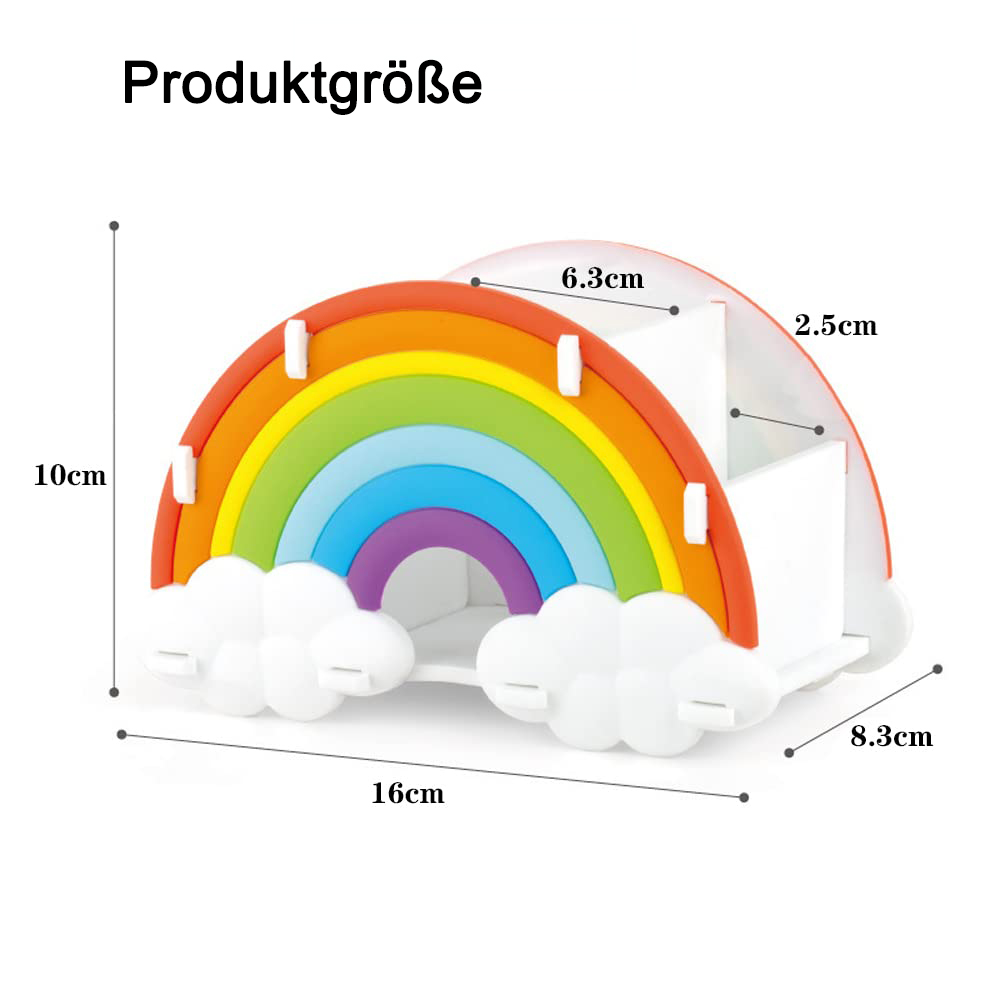 Ein regenbogenförmiger Schreibtischorganizer mit Maßangaben. Weiße Wolken unten, Regenbogenbogen und Abmessungen in cm angegeben.