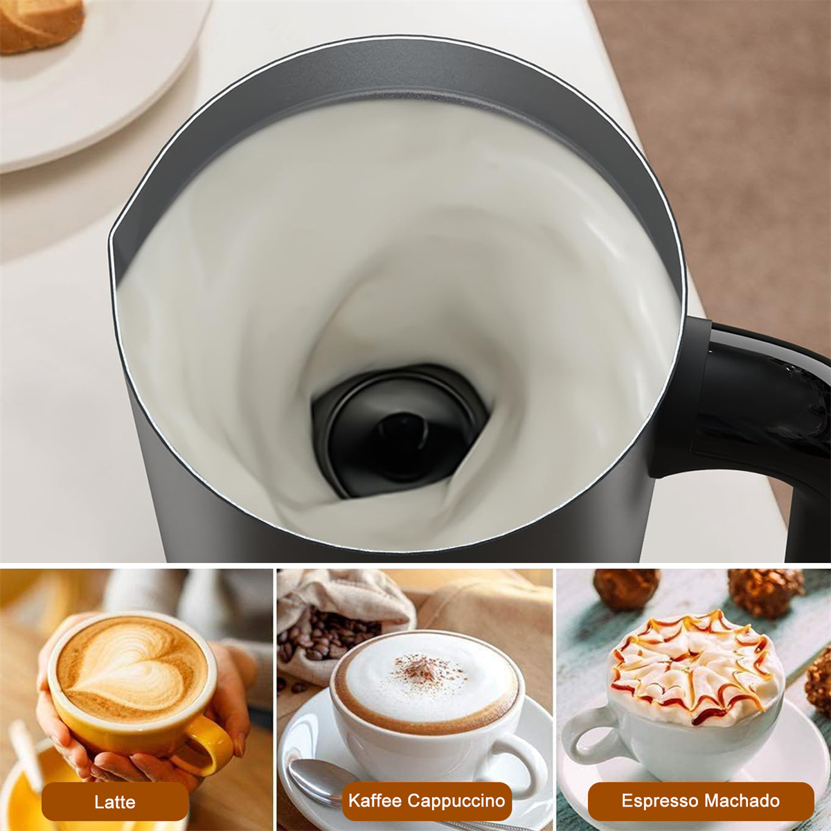 Nahaufnahme eines Milchaufschäumers mit Milch. Unten sind drei Kaffeesorten: Latte, Kaffee Cappuccino und Espresso Machado.