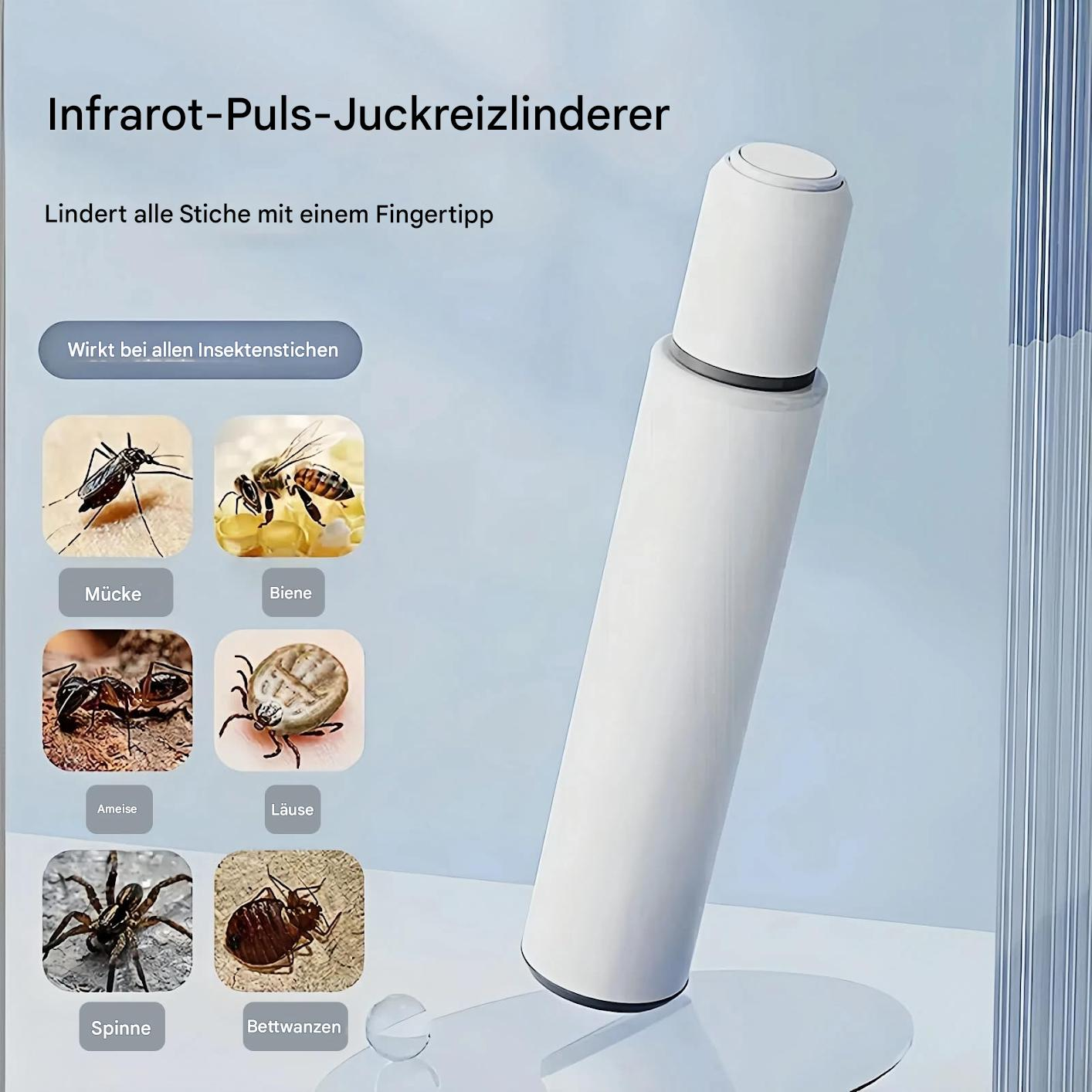 Weißes Gerät mit schwarzen Akzenten zur Insektenstichlinderung. Text: Infrarot-Puls-Juckreizlinderer. Zeigt Insekten.