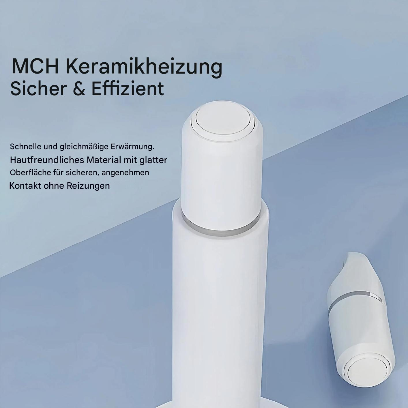 Ein weißer Keramikheizer mit zylindrischem Körper und rundem Oberteil auf blauem Hintergrund. Text beschreibt seine Eigenschaften.