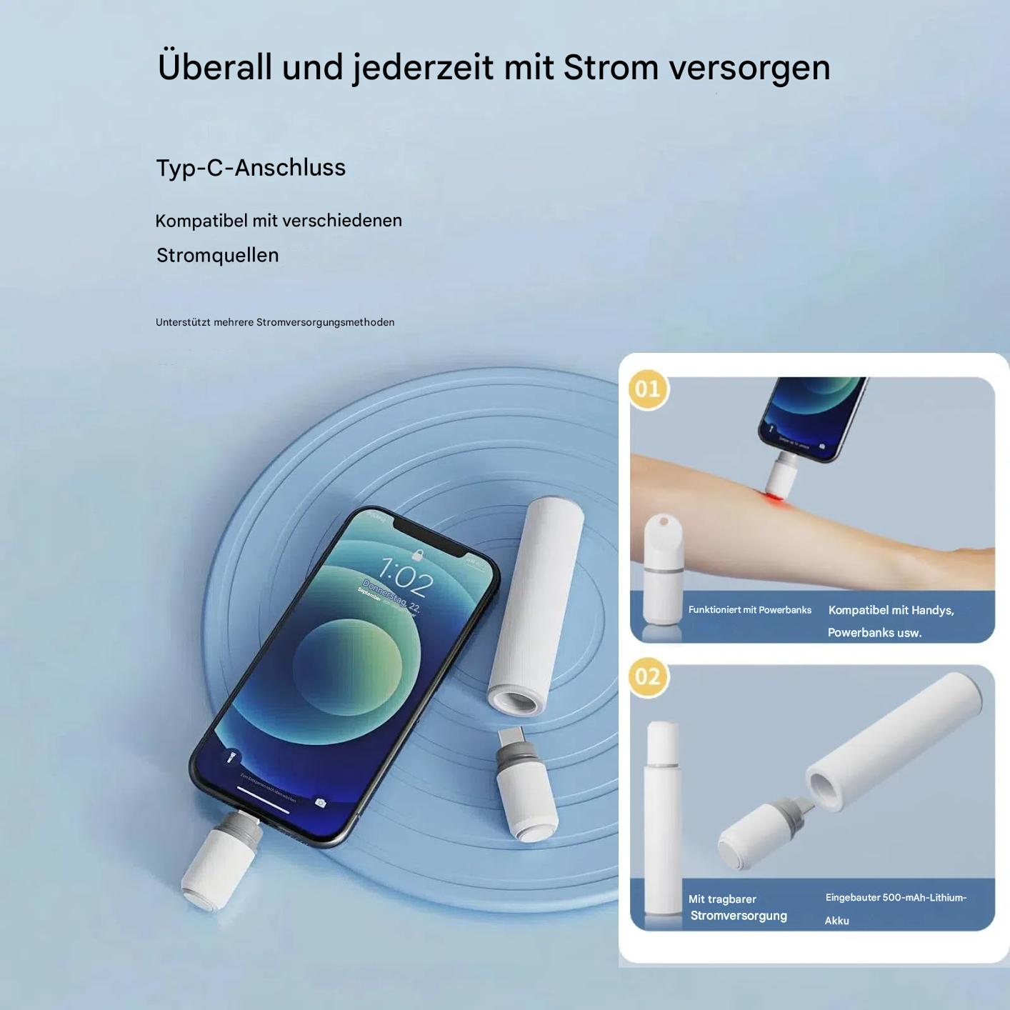 Smartphone wird auf blauer Oberfläche aufgeladen, Nahaufnahme mit Telefon und Ladekabel. Zusätzliche Bilder zeigen Funktionen.