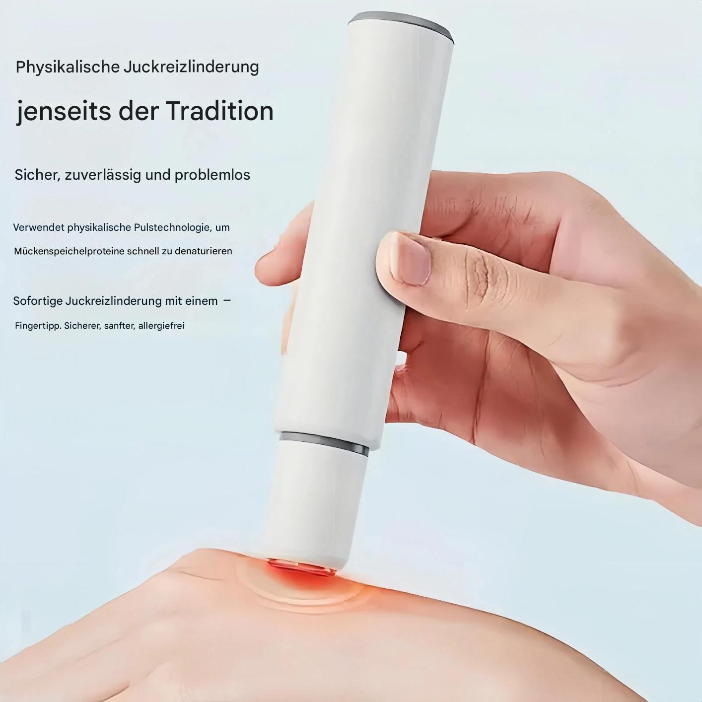 Eine Hand hält ein weißes Gerät und wendet es auf eine leicht gerötete Hautpartie an. Text auf Deutsch beschreibt Juckreizlinderung.