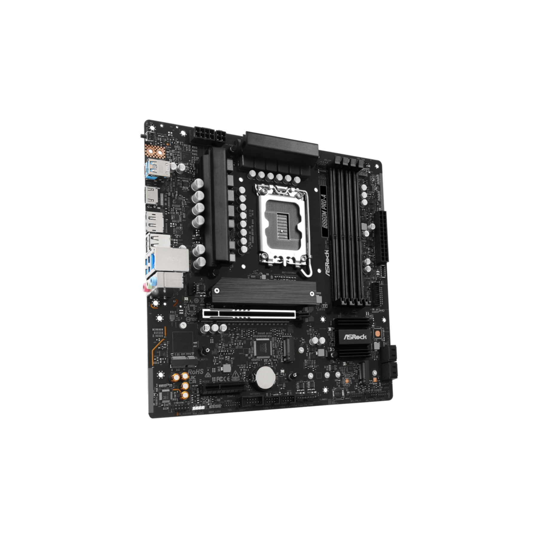 Czarna płyta główna ASRock B860M PRO-A na białym tle. Zawiera porty, chipy i logo ASRock.