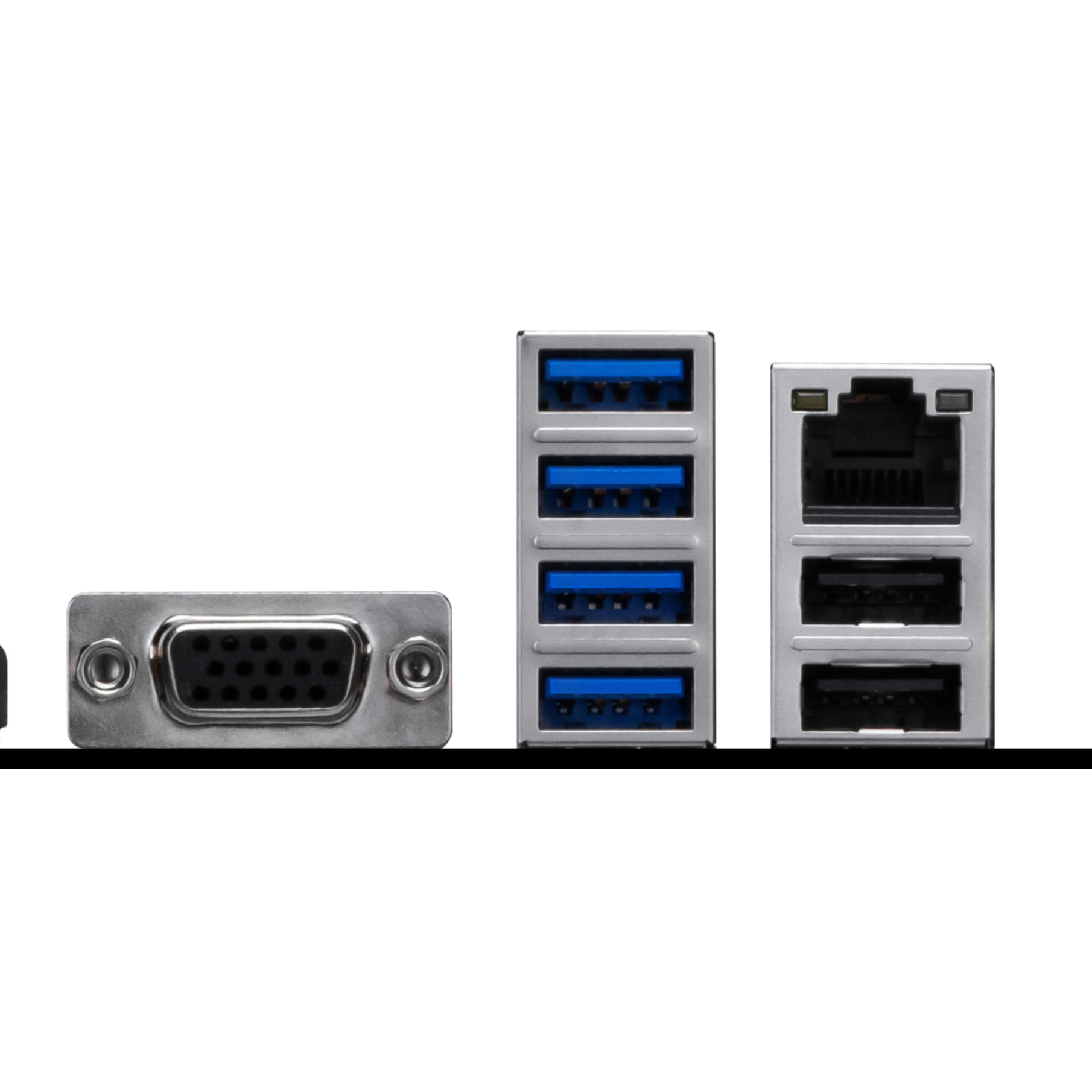 Zbliżenie panelu I/O płyty głównej komputera. Pokazuje porty: VGA, USB i Ethernet, na białym tle.