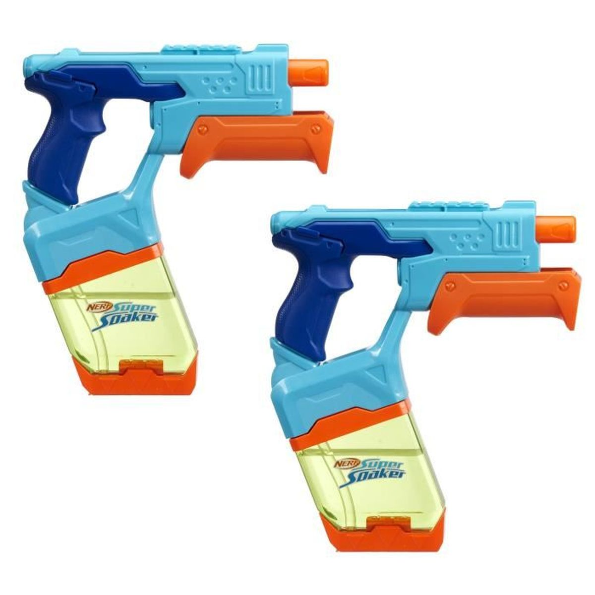 Zwei Nerf Super Soaker Wasserpistolen. Sie sind blau, orange und gelb. Jede hat einen Griff, einen Wassertank und eine Düse.
