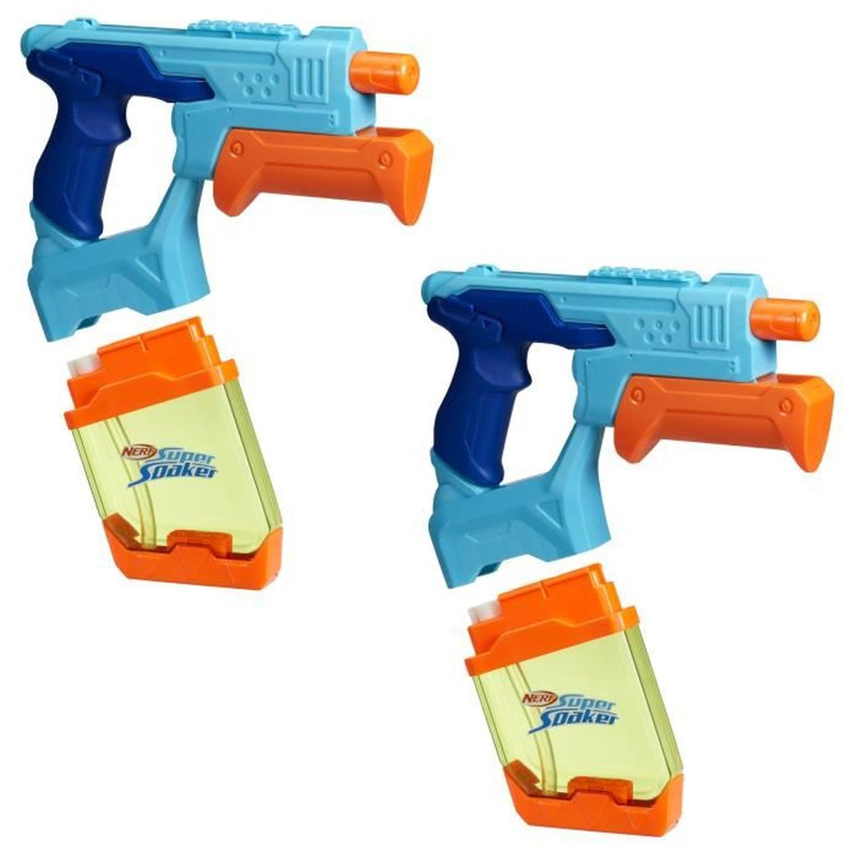 Zwei blaue, orange und dunkelblaue Wasserpistolen mit abnehmbaren orangen Wassertanks. Das NERF Super Soaker-Logo ist sichtbar.