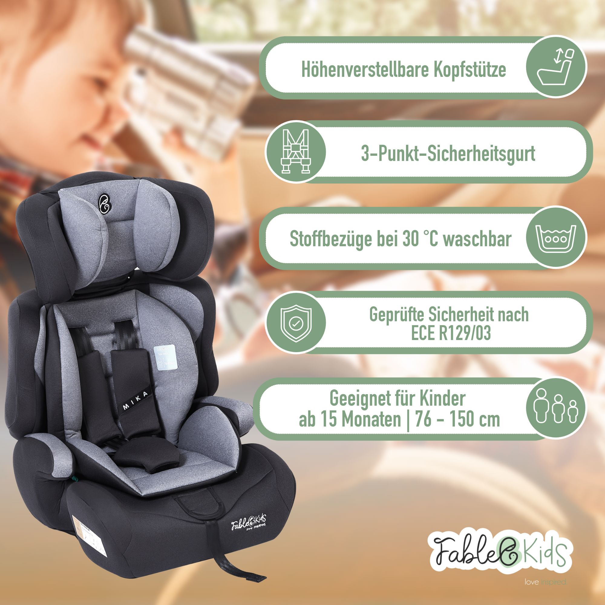 Ein schwarz-grauer Kindersitz mit Sicherheitsmerkmalen und Etiketten. Der Markenname ist sichtbar.