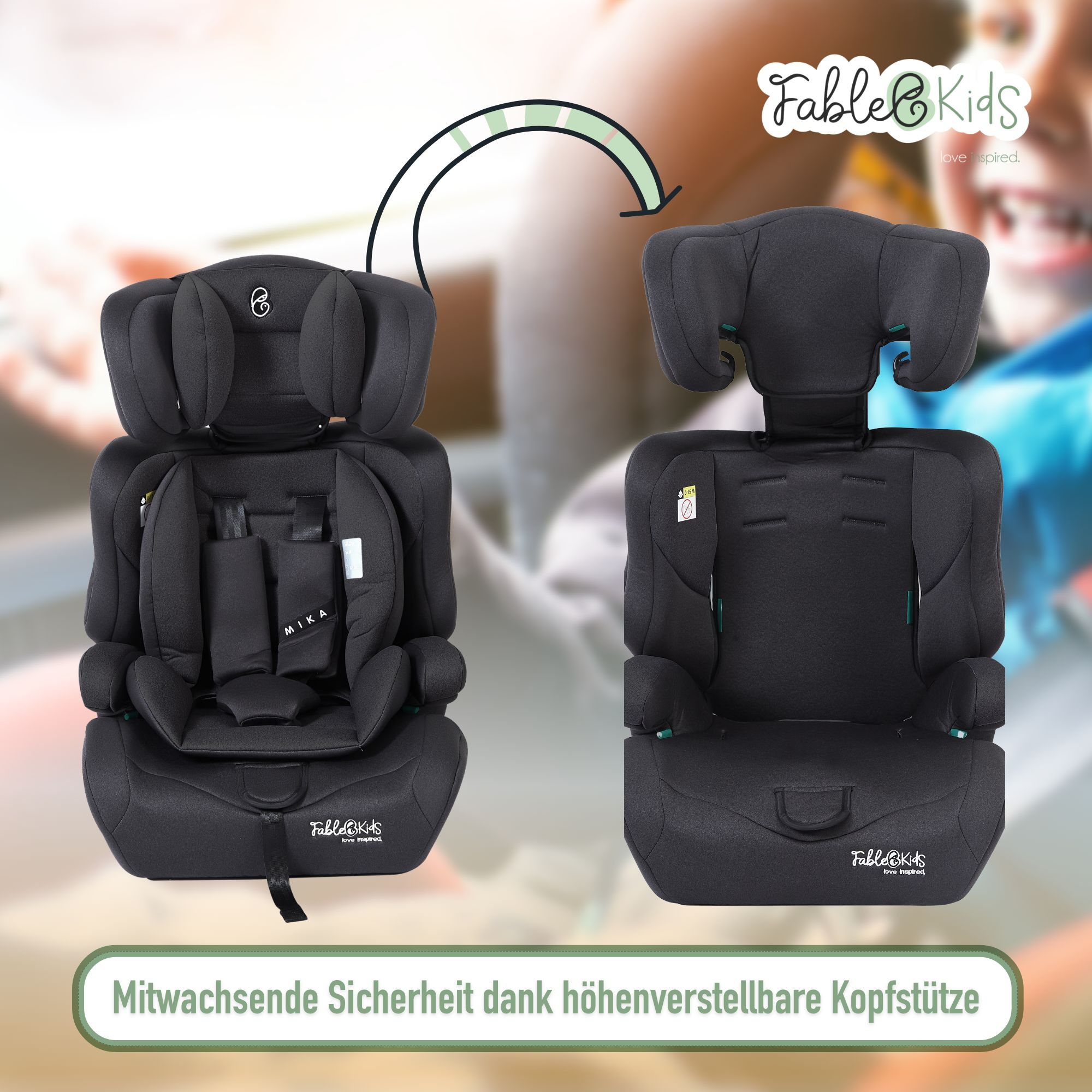 Zwei schwarze Kindersitze werden gezeigt, einer mit hochgestellter Kopfstütze. Das Logo befindet sich unten: Fable & Kids.