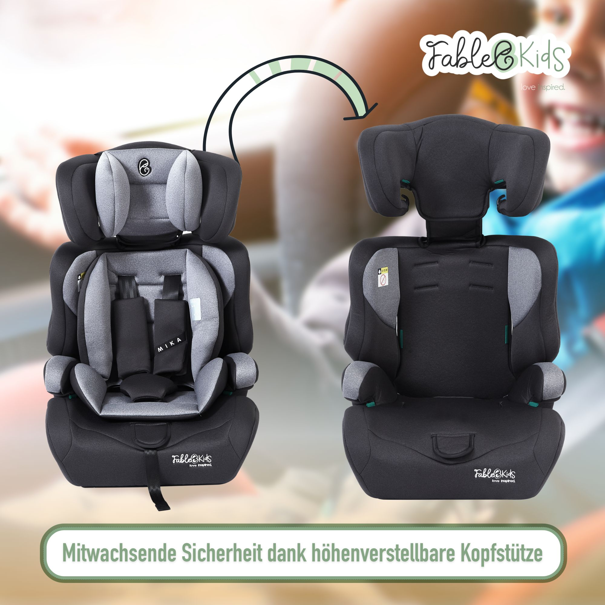Zwei Autositze, einer angepasst. Grau und Schwarz. Der Text lautet: Wachsende Sicherheit dank verstellbarer Kopfstütze.
