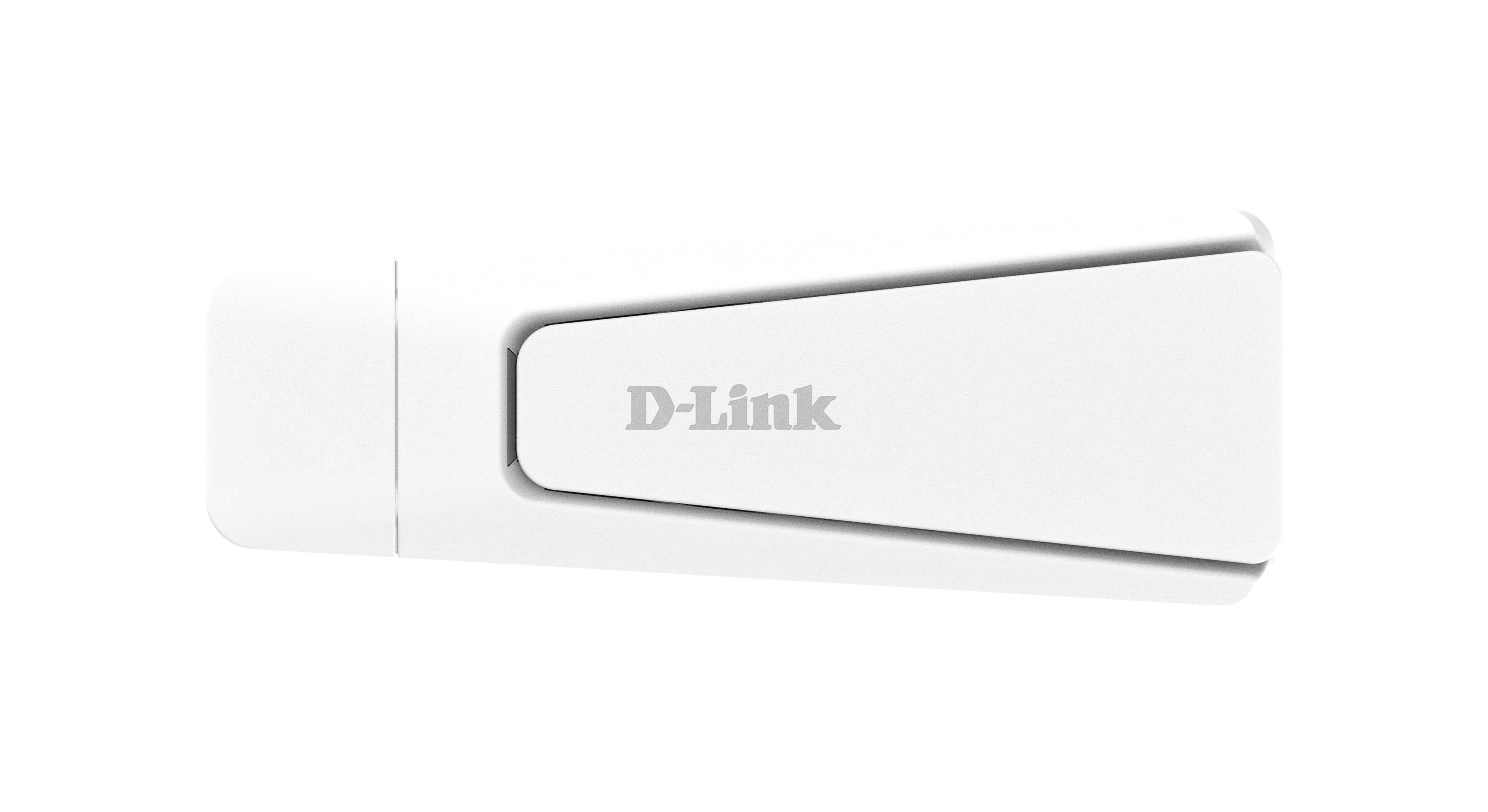Een witte D-Link draadloze adapter wordt getoond op een witte achtergrond. De adapter heeft de vorm van een rechthoek met een schuine bovenkant.