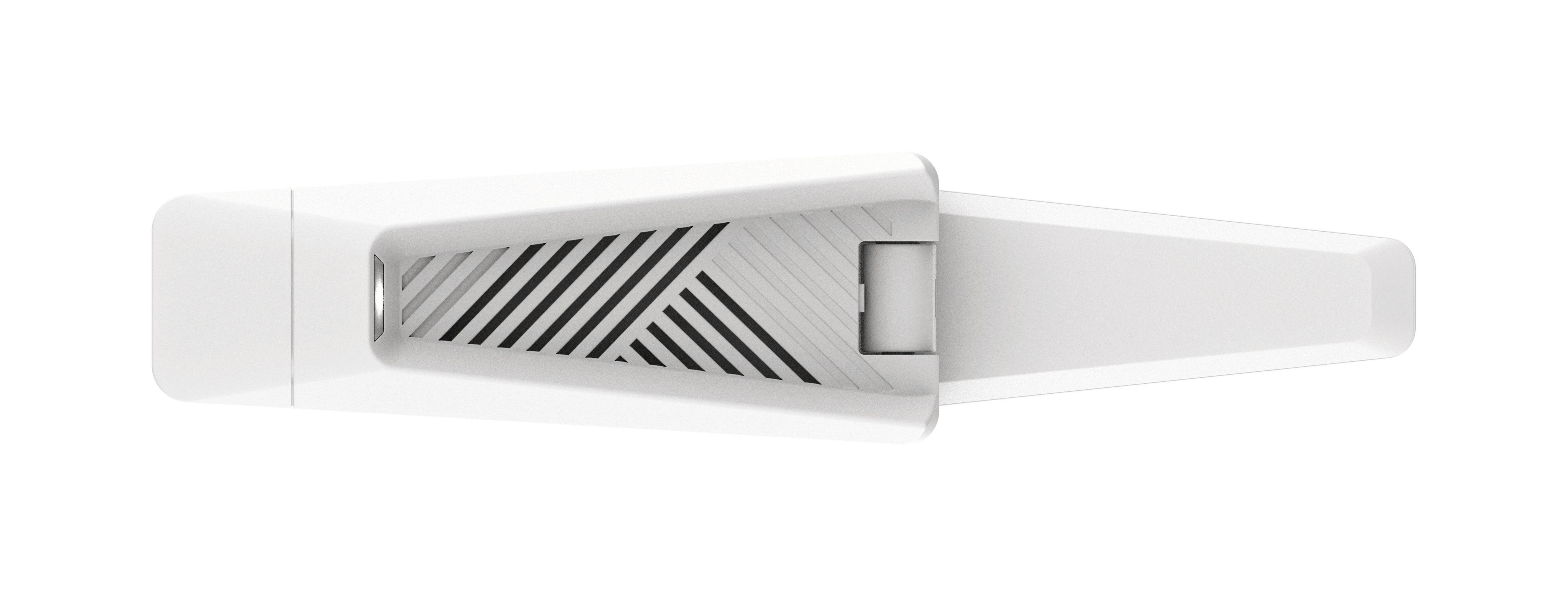 Een wit elektronisch apparaat, waarschijnlijk een router of modem, met zwarte diagonale lijnen en een rechthoekige uitbreiding.