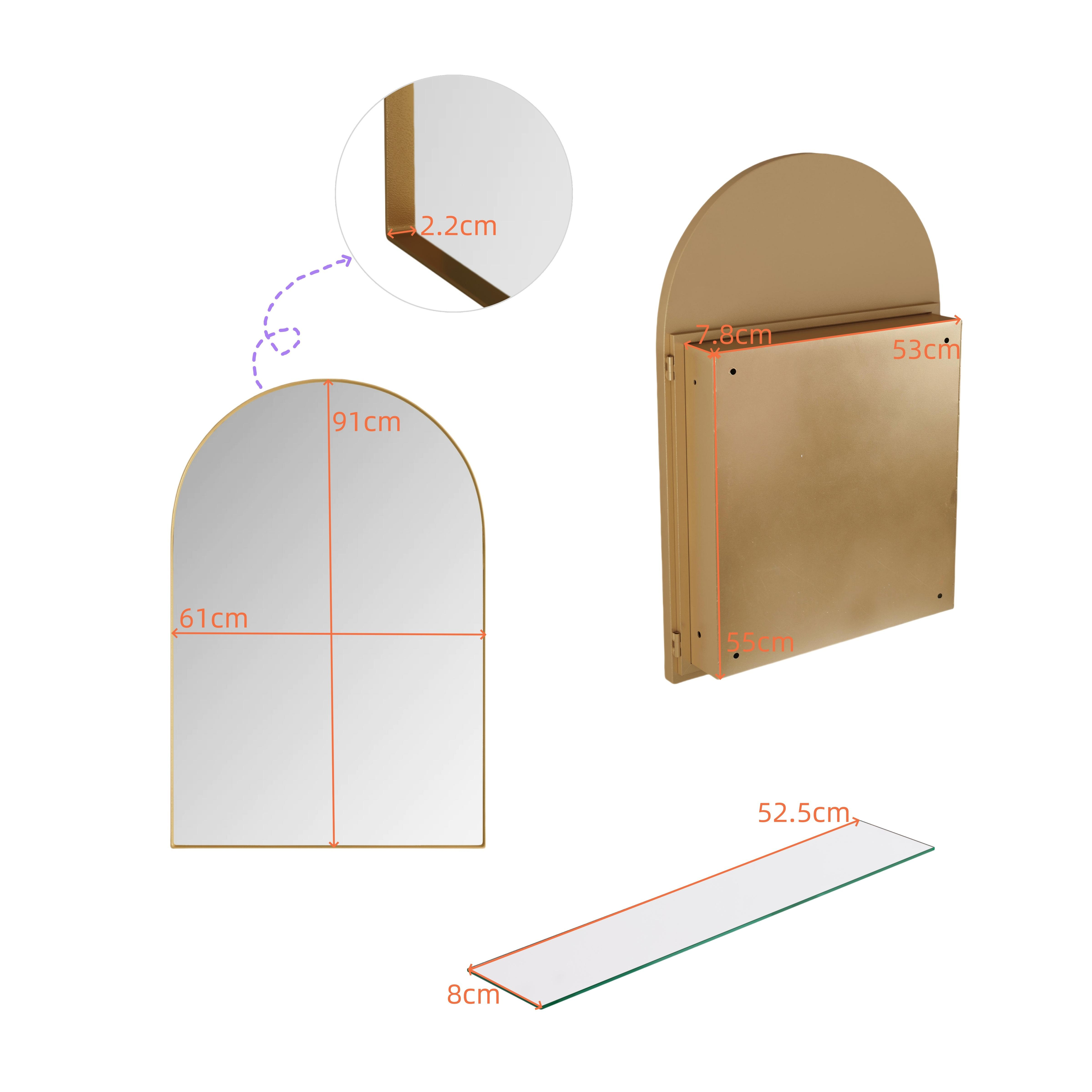 Ein bogenförmiger Spiegel, ein Seitenschrank und ein Glasregal sind mit Maßangaben in Zentimetern dargestellt.