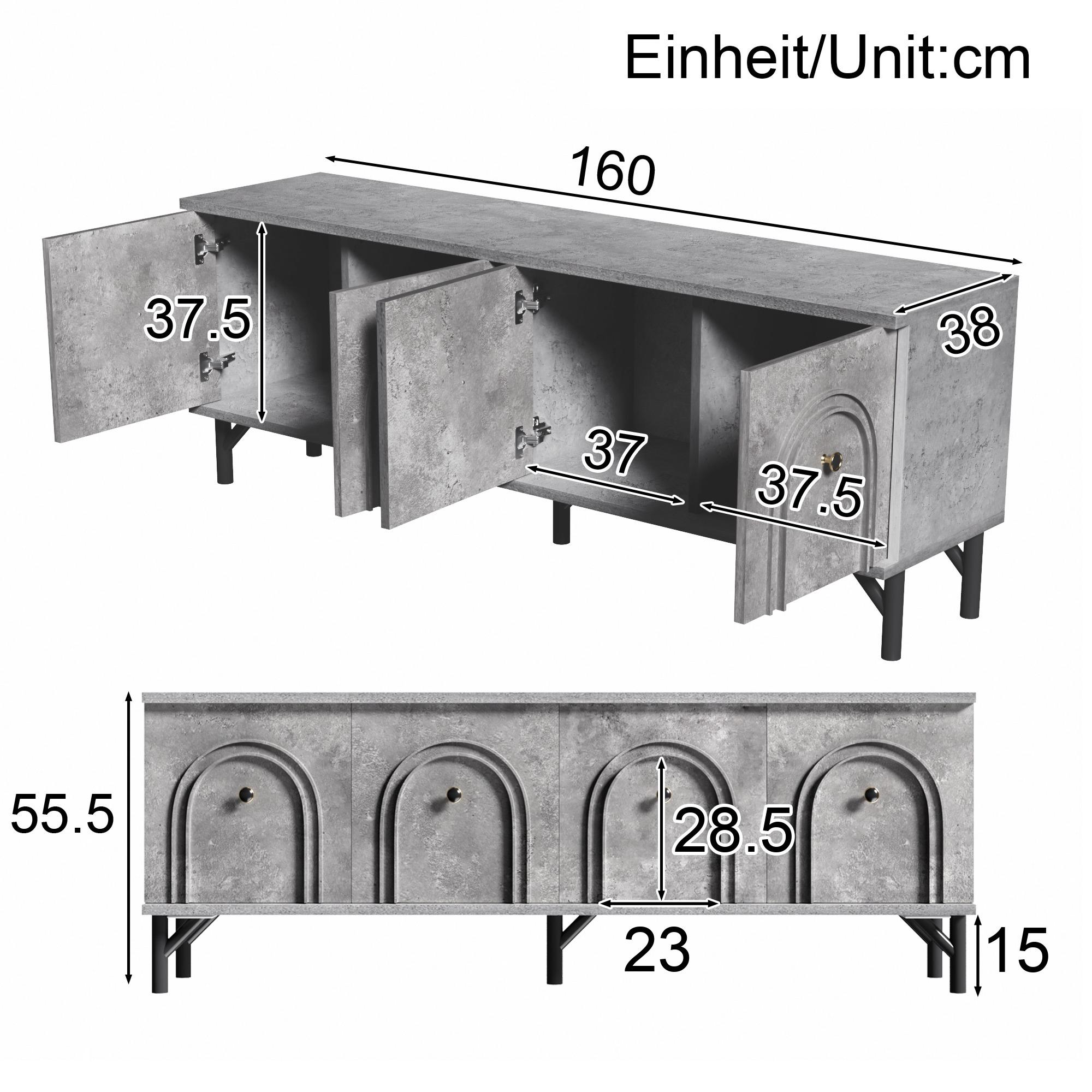 Ein grauer Schrank mit offenen Türen. Abmessungen sind beschriftet: 160 cm lang, 38 cm hoch und 37,5 cm breit. Eine andere Ansicht zeigt die Front.