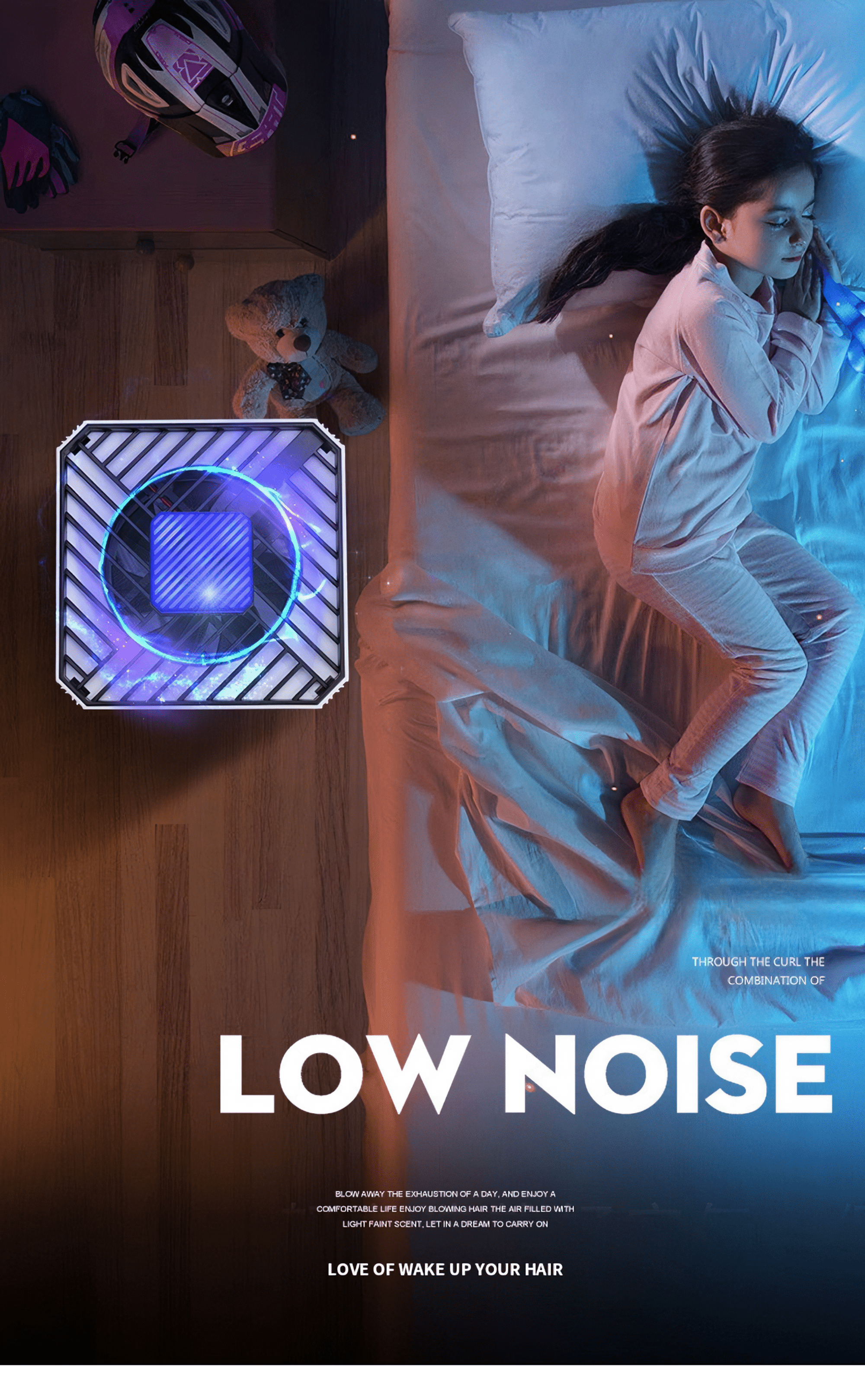 Ein Mädchen schläft im Bett. Ein leuchtendes Gerät steht auf dem Boden. Teddybär, Helm und Handschuhe sind in der Nähe. Der Text 'LOW NOISE' ist vorhanden.