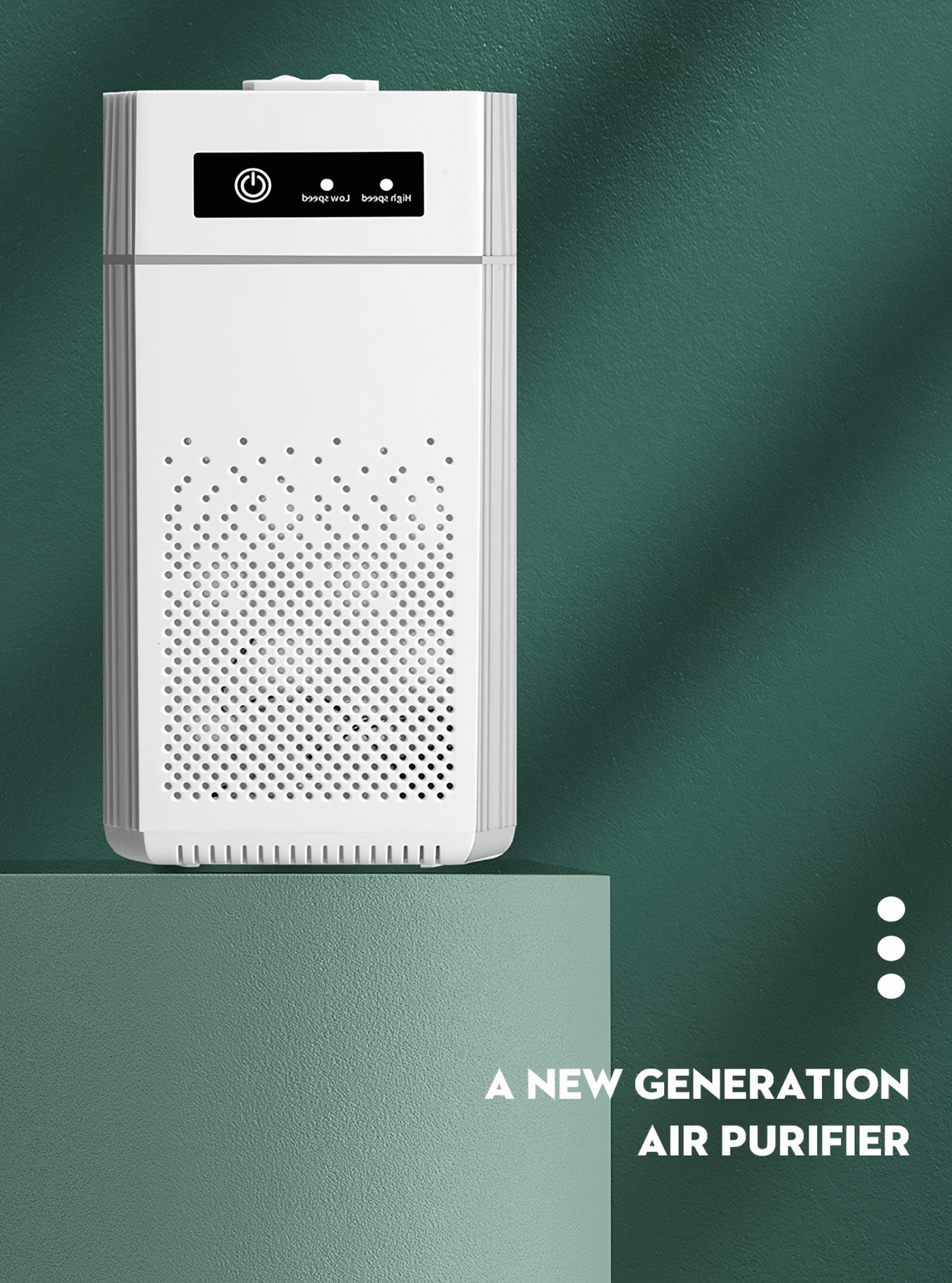 Weißer Luftreiniger auf grünem Hintergrund. Er hat einen Ein-/Ausschalter und ein kleines Display. Text: 'A New Generation Air Purifier'.