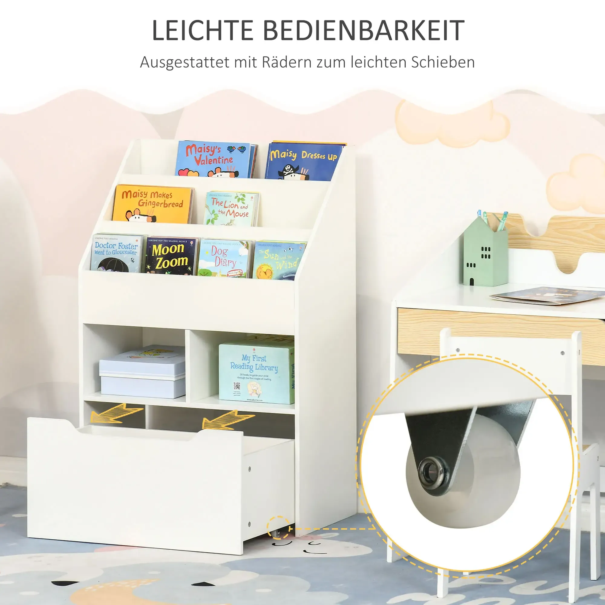 Ein weißes Bücherregal mit Büchern, einer Schublade und einem Schreibtisch mit Stuhl. Das Bücherregal hat Räder.