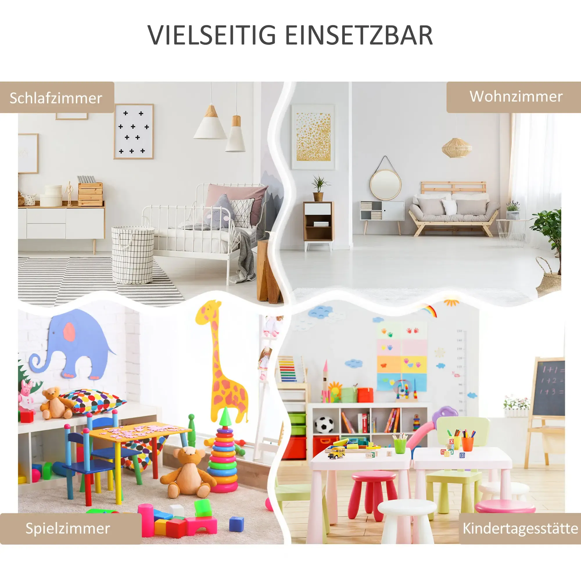 Das Bild zeigt Räume: Schlafzimmer, Wohnzimmer, Spielzimmer und Kindertagesstätte. Jeder Raum hat unterschiedliche Möbel und Dekor.