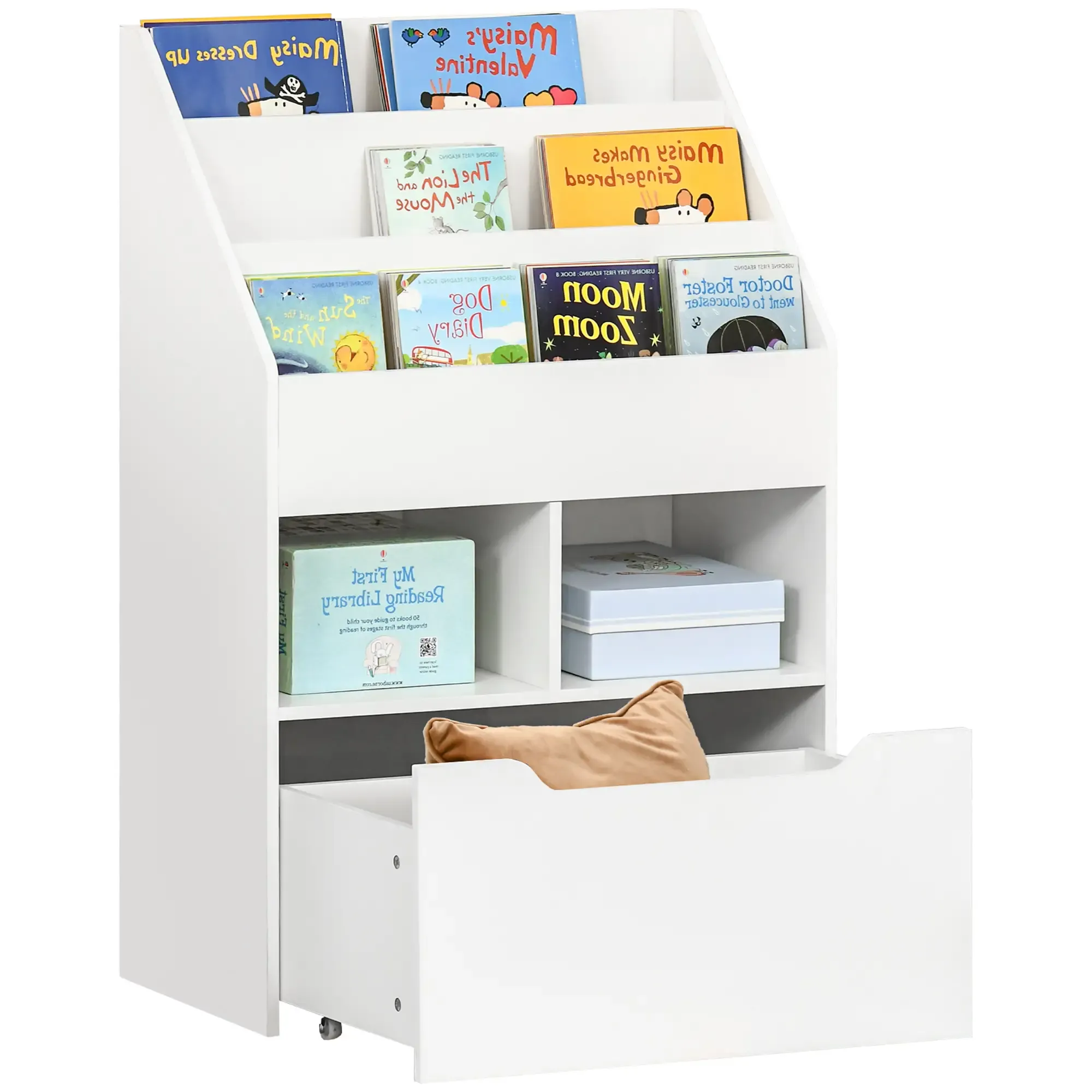 Weißes Bücherregal mit Büchern, einer blauen Box und einem Kissen. Schublade ist geöffnet. Verschiedene Buchtitel sind sichtbar.
