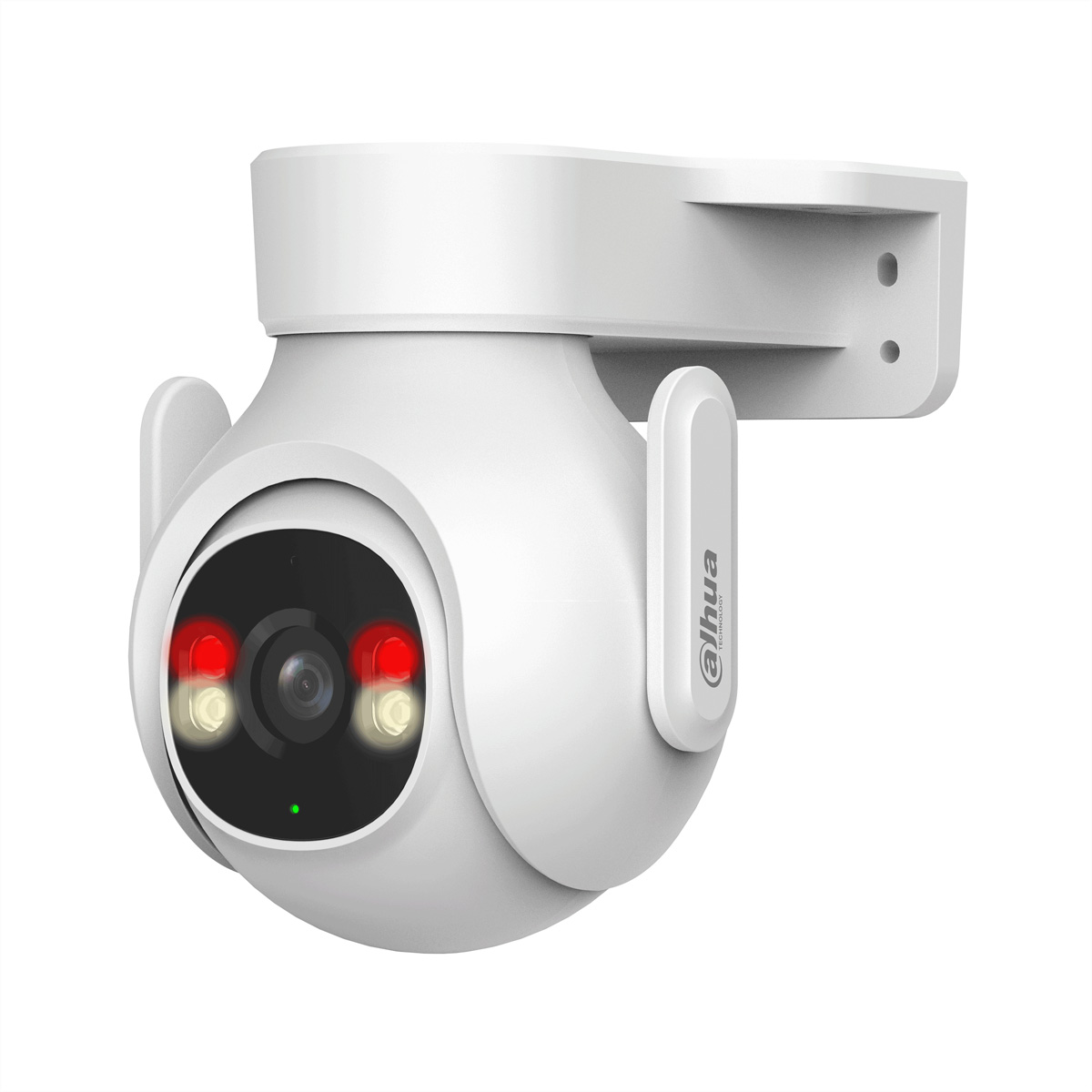Una telecamera di sicurezza Dahua bianca è montata. Ha una forma a cupola, luci rosse e bianche e un indicatore luminoso verde.