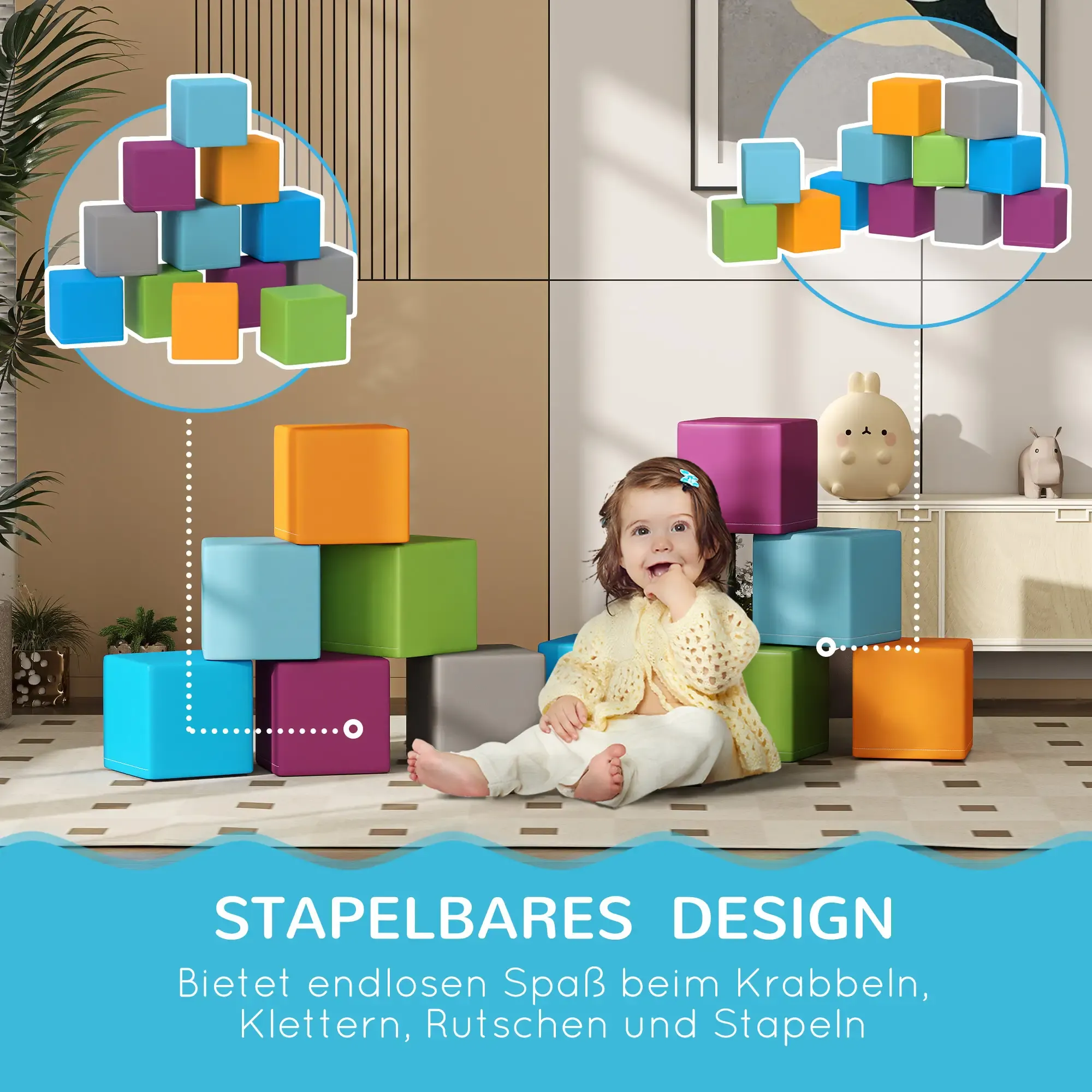 Ein Baby sitzt neben bunten Stapelblöcken. Die Blöcke sind blau, orange, grün, lila und grau. Zwei Stapel werden gezeigt.
