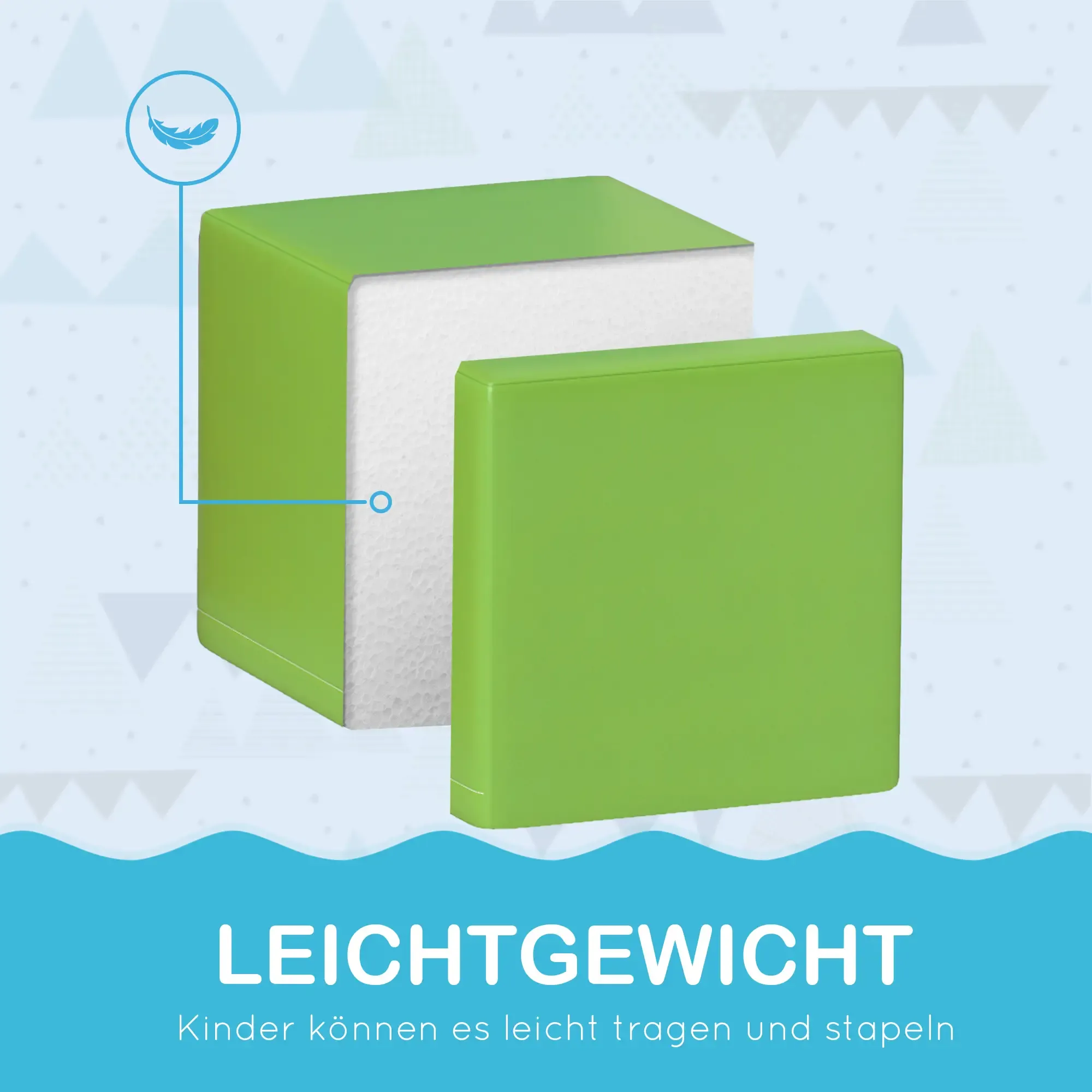 Grüner Würfel mit weißem Kern. Ein Feder-Symbol weist auf den Würfel. Text: Leicht, Kinder können es tragen und stapeln.