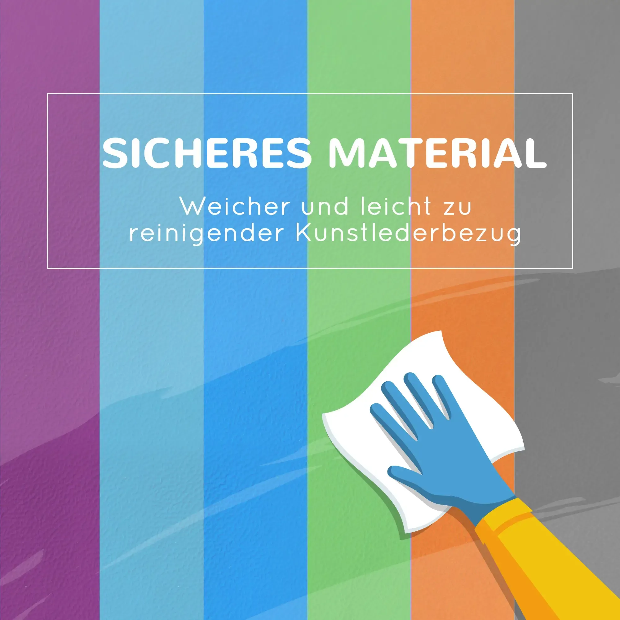 Eine Hand in einem blauen Handschuh wischt eine mehrfarbige Oberfläche. Text: 'Sicheres Material', 'Weiches und leicht zu reinigendes Kunstleder'.