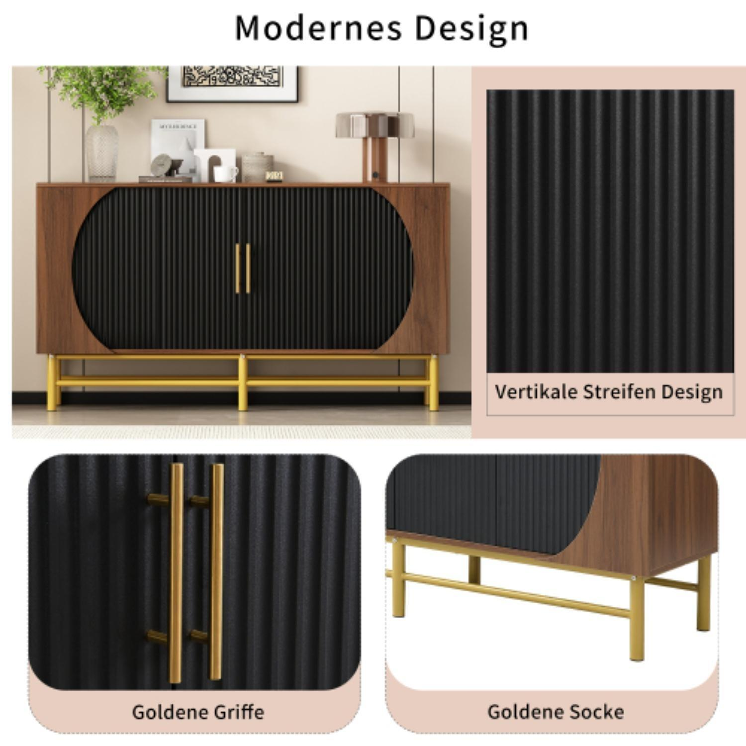 Ein moderner Schrank mit braunem Holzrahmen, schwarzen gerippten Türen und goldenen Griffen und Beinen. Auf hellem Hintergrund.