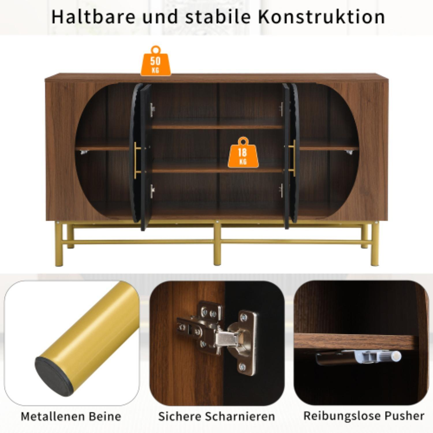 Ein brauner Schrank mit goldenen Beinen und Griffen. Details umfassen Scharniere, einen Pusher und Metallbeine. Gewichte von 50 kg und 18 kg werden angezeigt.