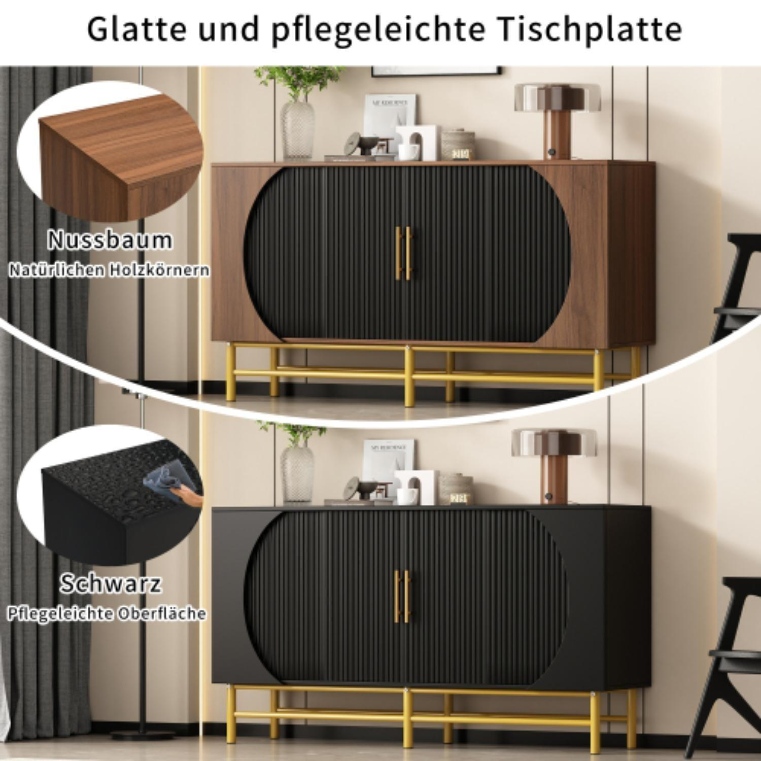 Ein Holzschrank mit goldenen Beinen, einer schwarzen Mitte und braunen Seiten. Eine Nahaufnahme zeigt den Schrank in Schwarz. Zubehör oben.