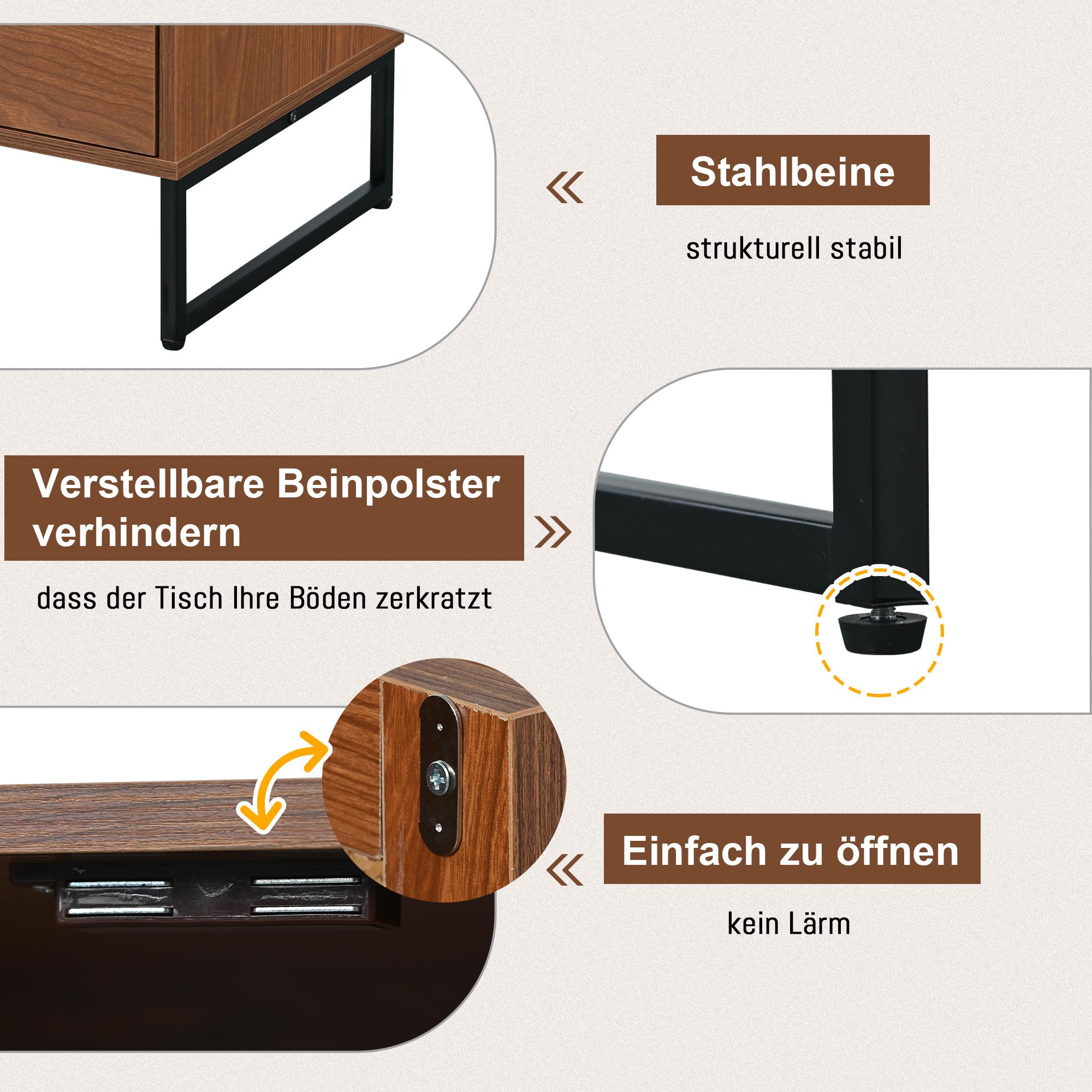 Brauner Holztisch mit schwarzen Stahlbeinen. Details zeigen verstellbare Beinpolster und leichtes Öffnen ohne Geräusche.