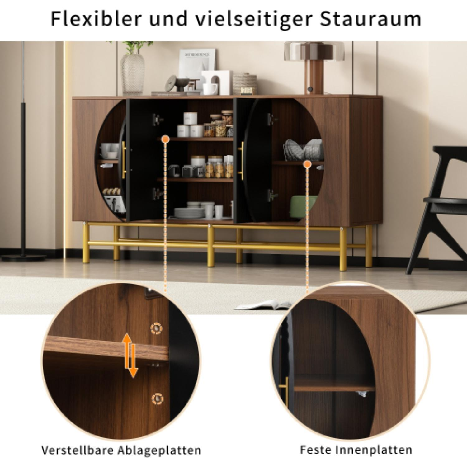 Ein brauner Schrank mit offenen Türen. Im Inneren befinden sich Regale mit Gegenständen. Unten sind zwei kreisförmige Einsätze mit verstellbaren und festen Regalen.
