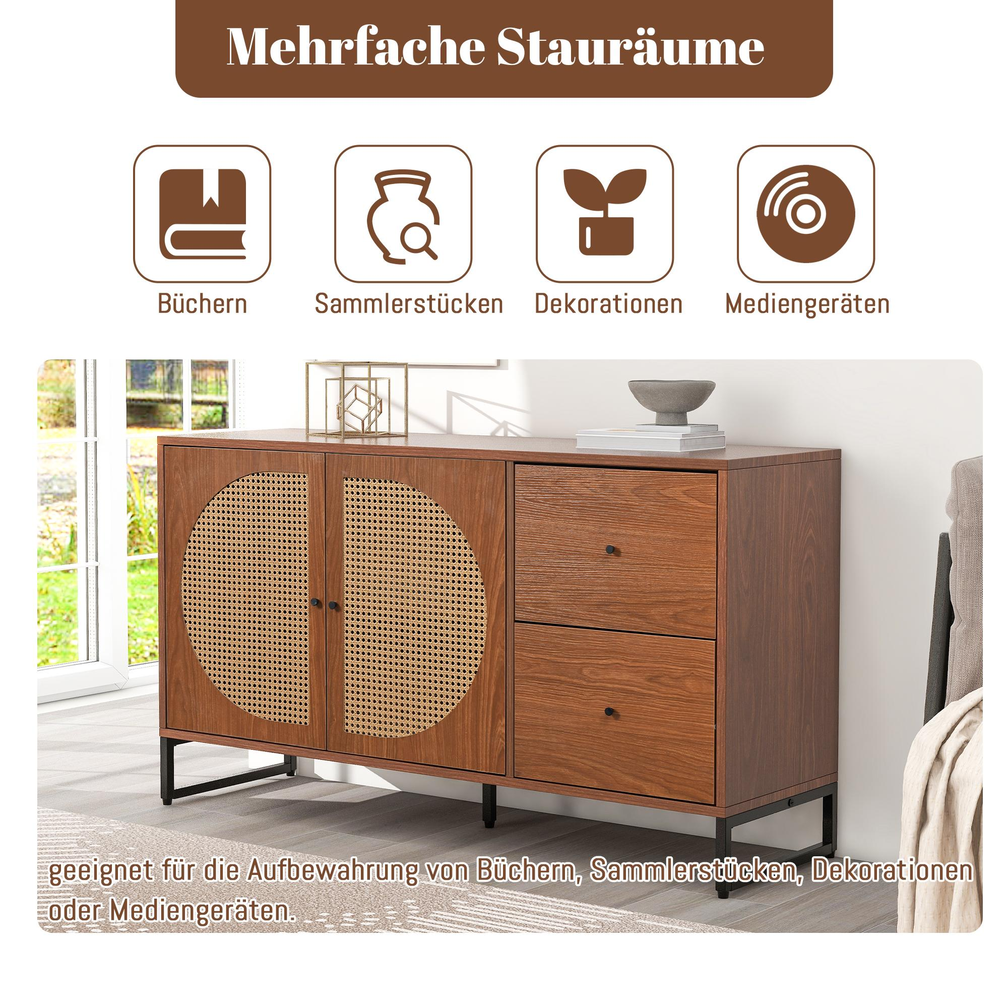 Holzschrank mit Schubladen und Türen. Er hat ein Rattandesign an den Türen und eine kleine Schüssel oben.