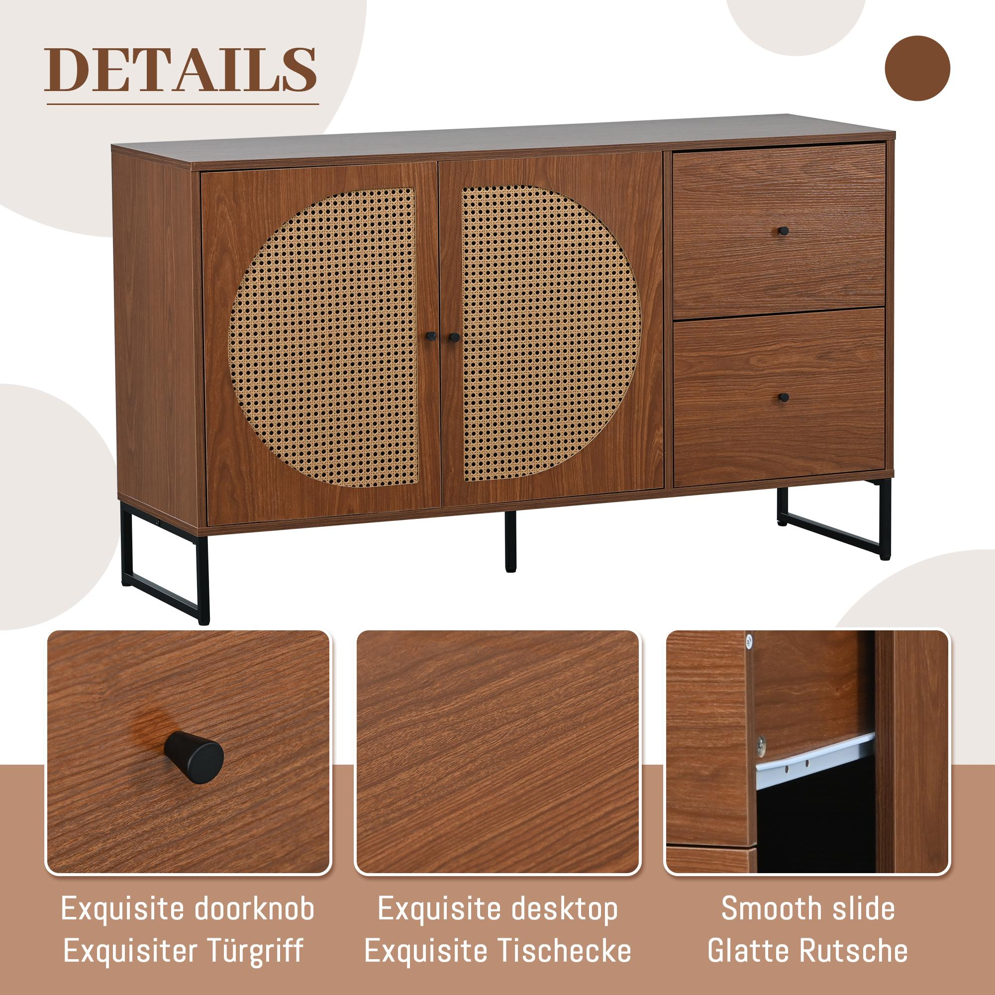 Ein Holzschrank mit zwei Türen, einer Schublade und schwarzen Beinen. Türen haben gewebte Rattankreise. Drei Detailbilder werden angezeigt.
