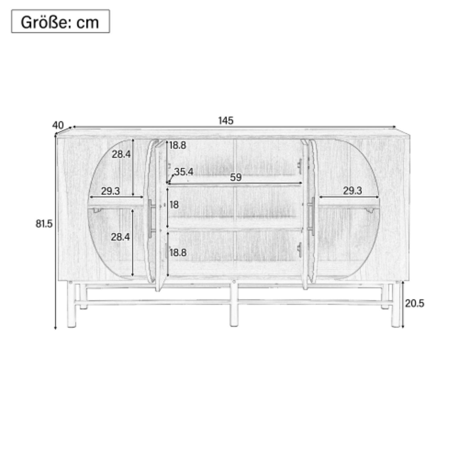 Möbelschema mit Abmessungen in Zentimetern. Es zeigt einen Schrank mit Türen, Beinen und Maßen für Höhe, Breite und Tiefe.