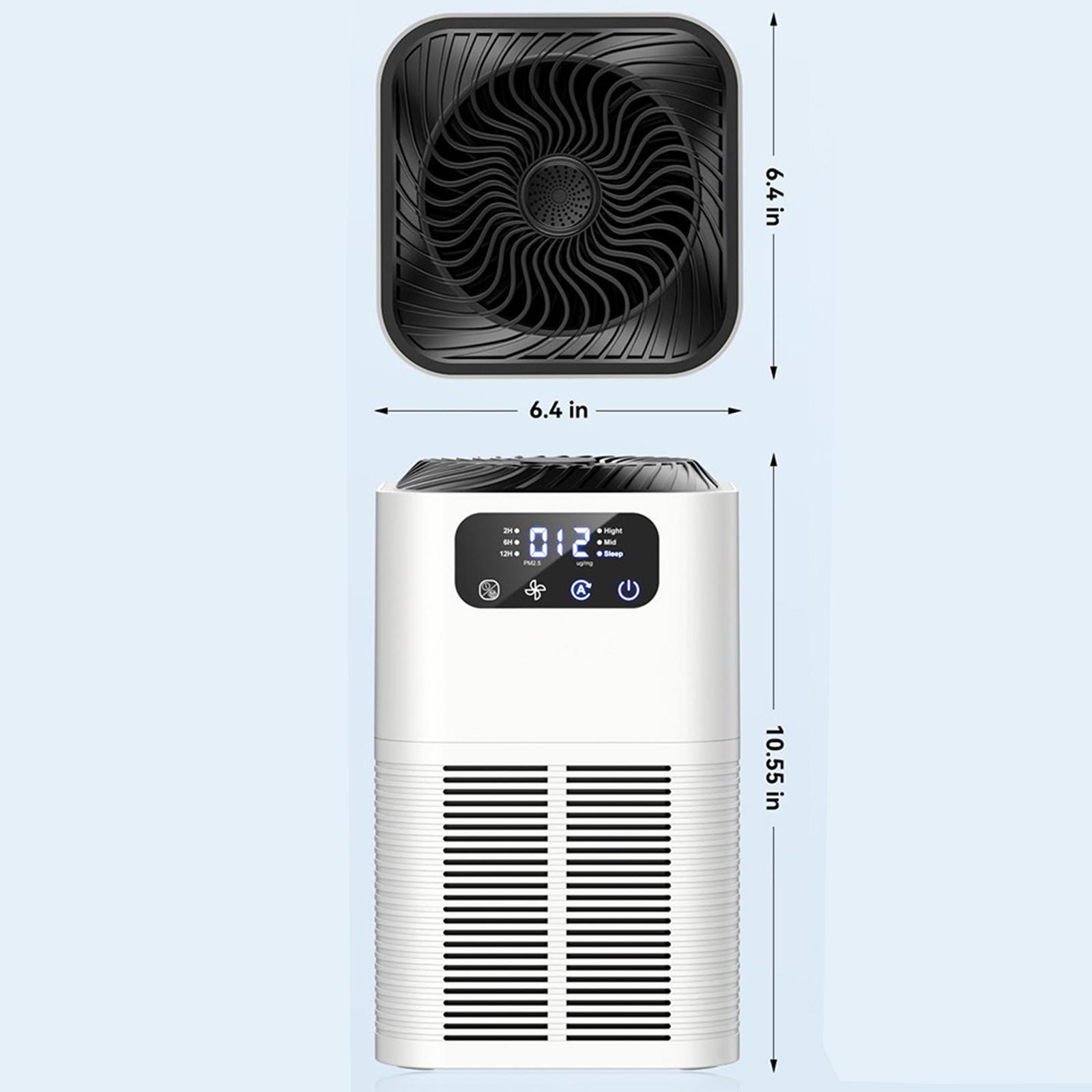 Weißer Luftreiniger mit schwarzem Oberteil, Ventilator und Digitalanzeige. Abmessungen sind angegeben. Schwarzer Fächeraufsatz separat.
