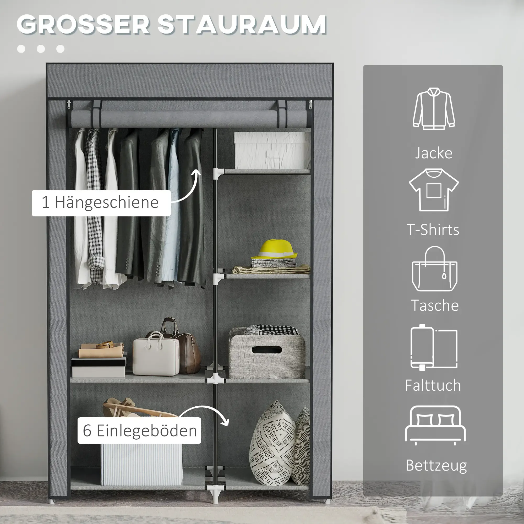 Grauer Kleiderschrank mit Kleidern. Er hat Regale mit Boxen, Taschen und Kissen. Icons für Jacke, T-Shirts, Tasche.