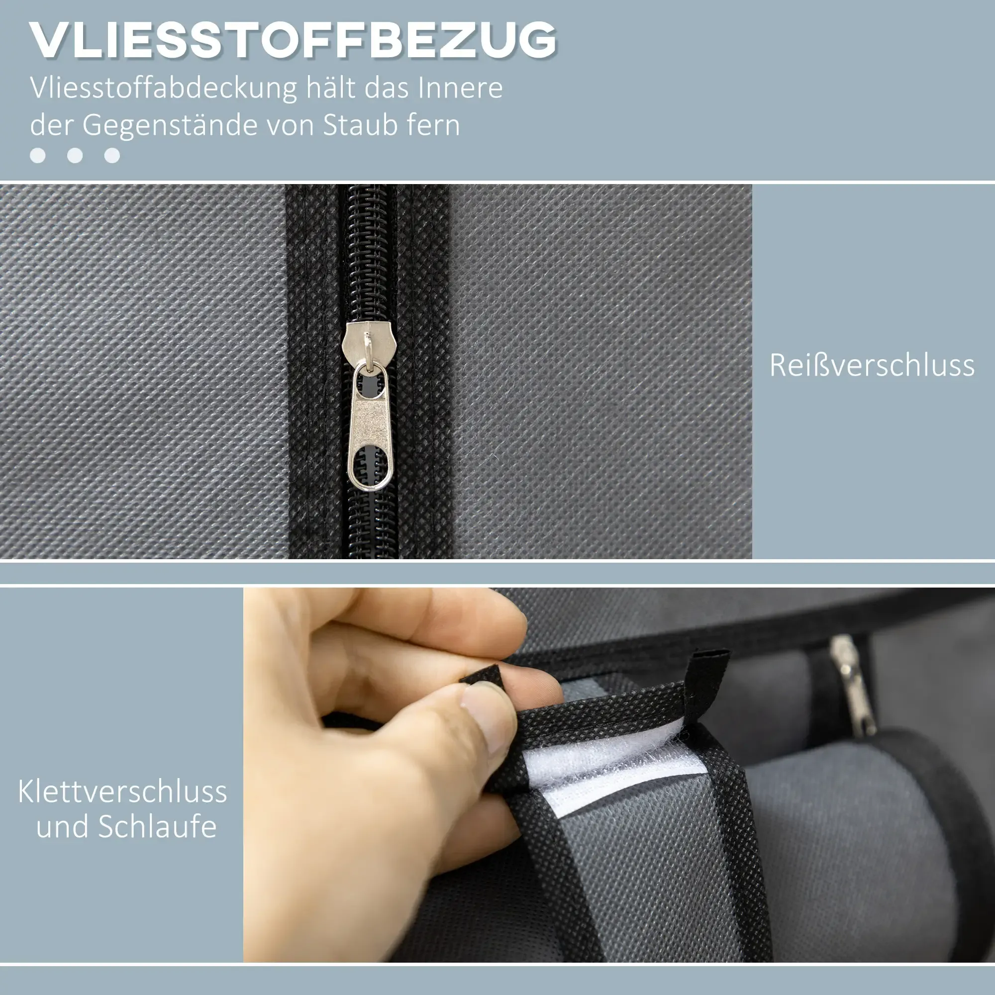 Nahaufnahme eines grauen Stoffes mit Reißverschluss und Klettverschluss. Eine Hand befestigt den Klettverschluss.
