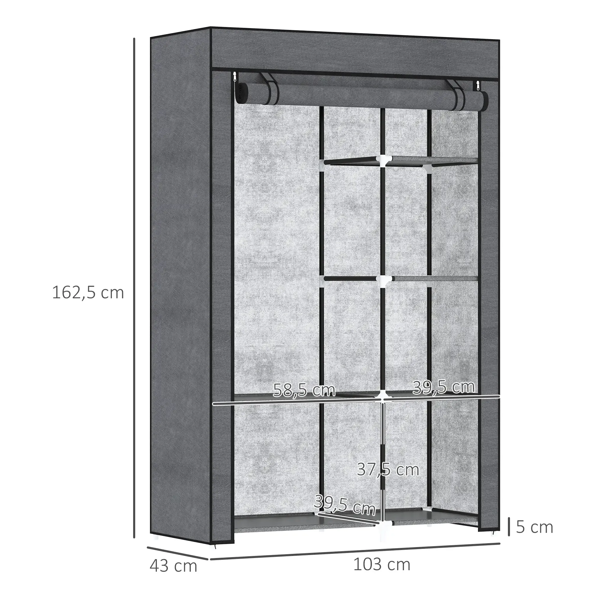 Ein grauer Stoffschrank mit beschrifteten Maßen. Er hat Regale und eine Kleiderstange. Die Maße sind 162,5 cm hoch und 103 cm breit.