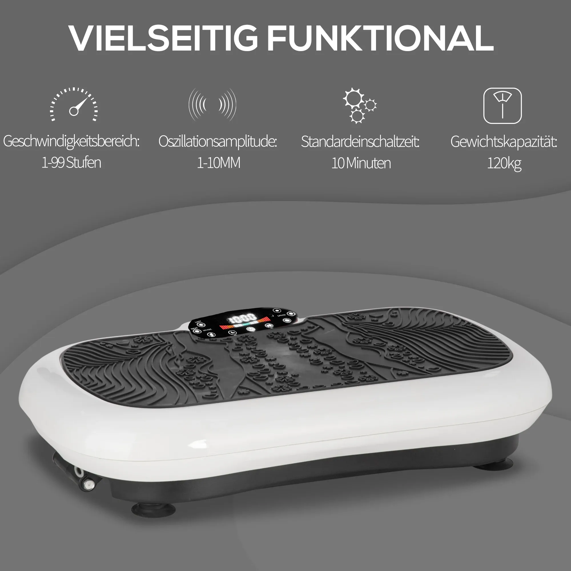 Eine weiße und schwarze Vibrationsplatte. Text zeigt Geschwindigkeit, Amplitude, Timer und Gewichtskapazität.