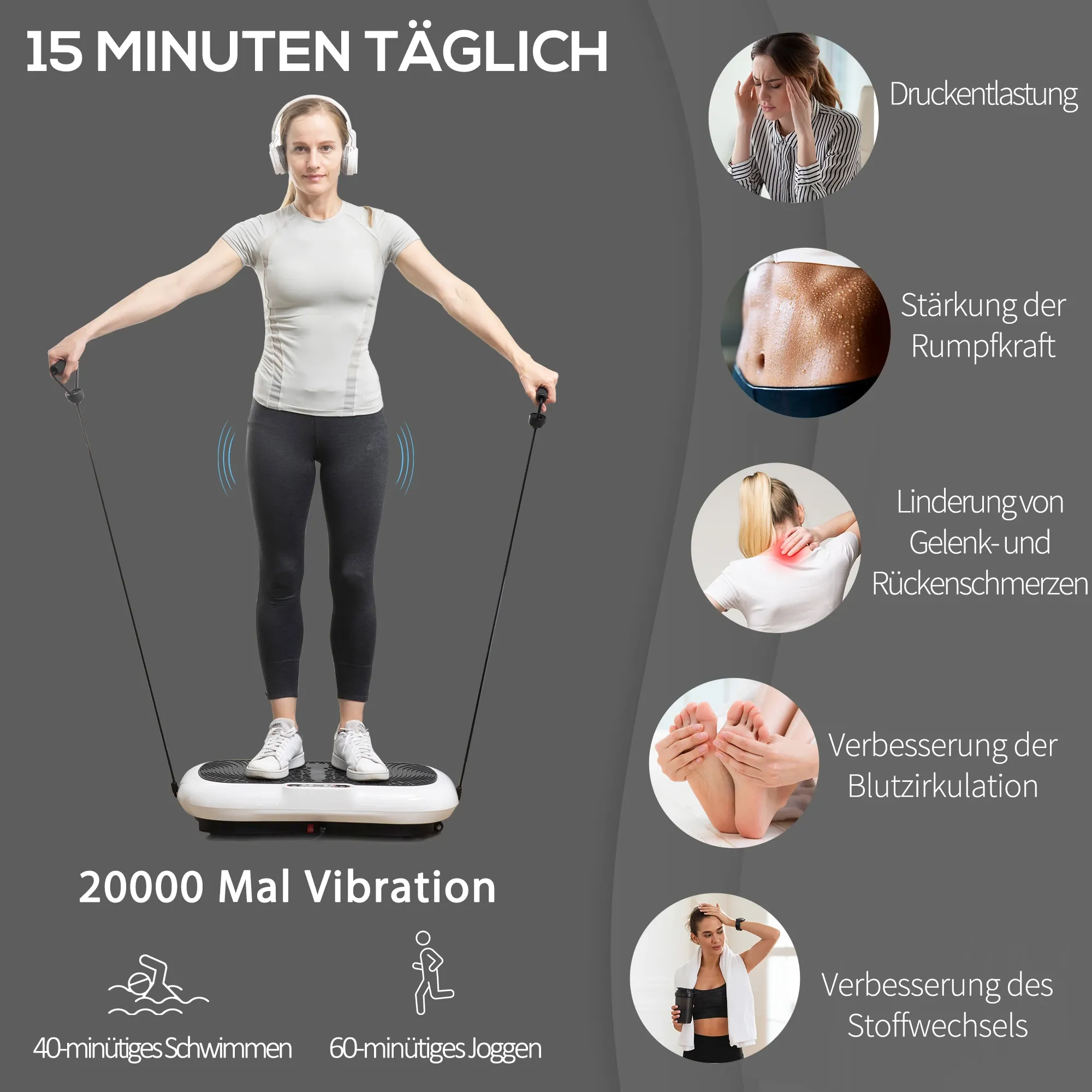 Frau auf einer Vibrationsplatte mit Kopfhörern, die Bänder hält. Vorteile: Stressabbau, Kraft, Schmerzlinderung, Durchblutung.